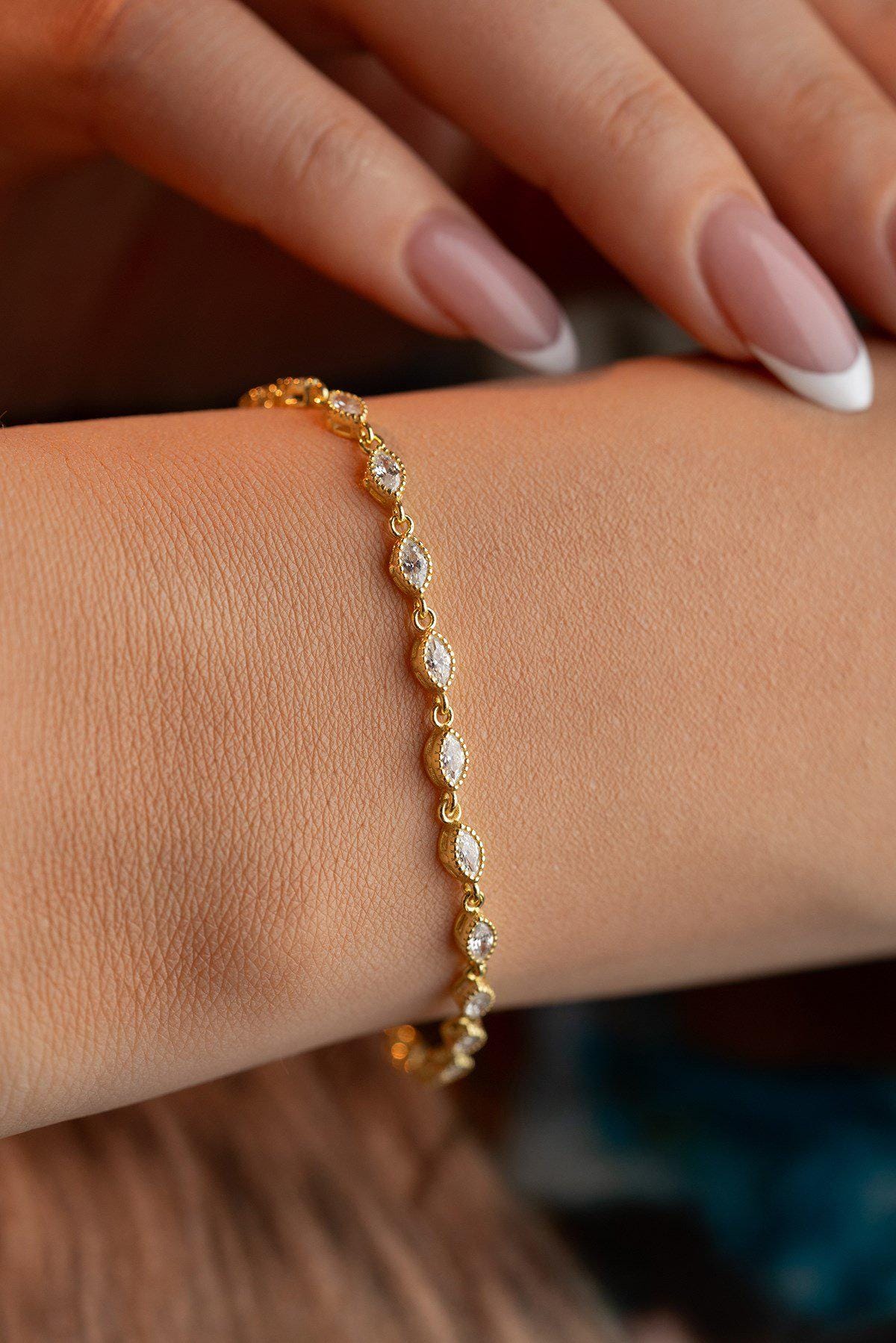 Gold Marquise Zircon Bracelet | Sterling Silver Dainty Chain Bracelet | Gift for Her
