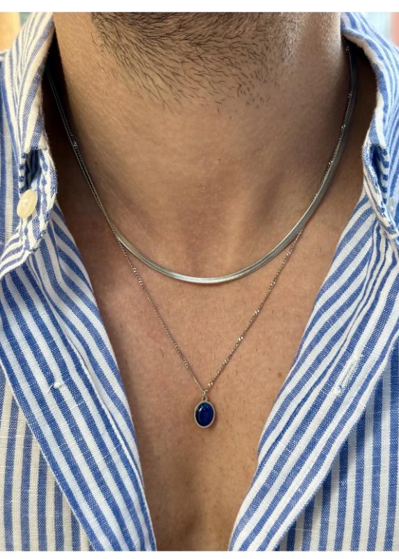 Mens Double Chain Necklace | Stainless Steel Italian Chain | Natural Stone Pendant Jewelry