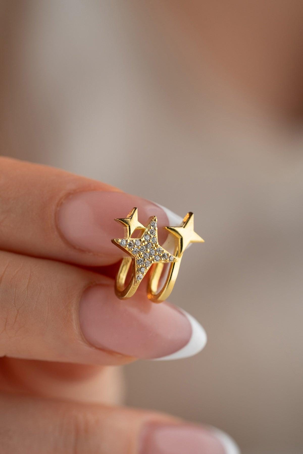 Gold Star Cartilage Earring | Sterling Silver Triple Star Zircon Ear Cuff Gift