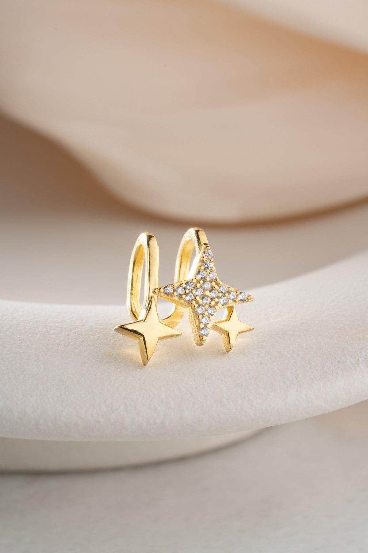 Gold Star Cartilage Earring | Sterling Silver Triple Star Zircon Ear Cuff Gift