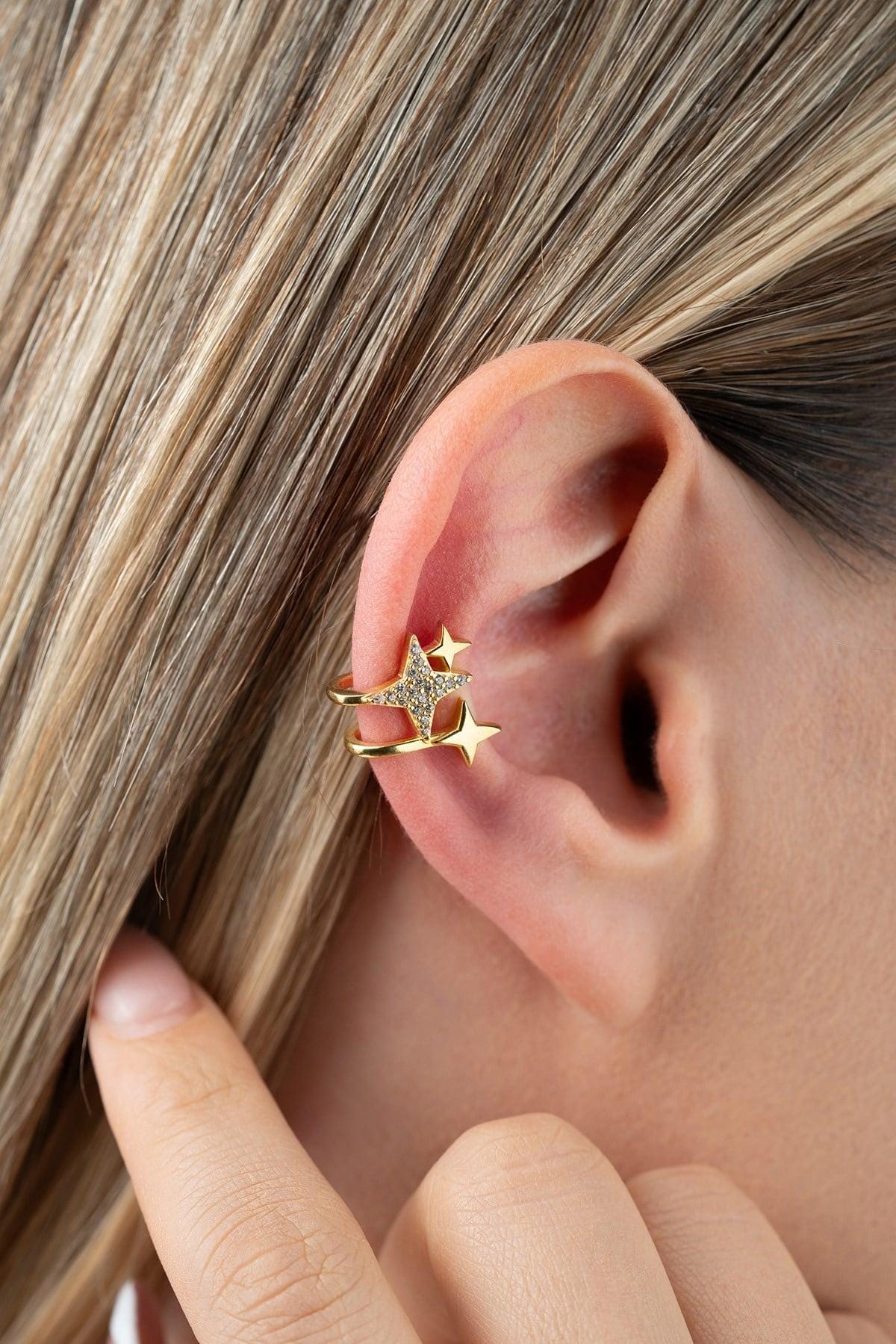 Gold Star Cartilage Earring | Sterling Silver Triple Star Zircon Ear Cuff Gift