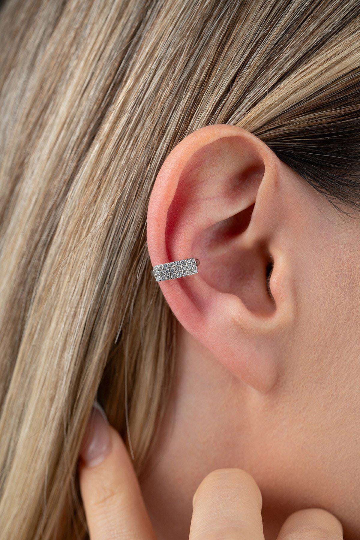 Sterling Silver Ear Cuff | Triple Row Zircon Cartilage Earring | Minimal Jewelry Gift