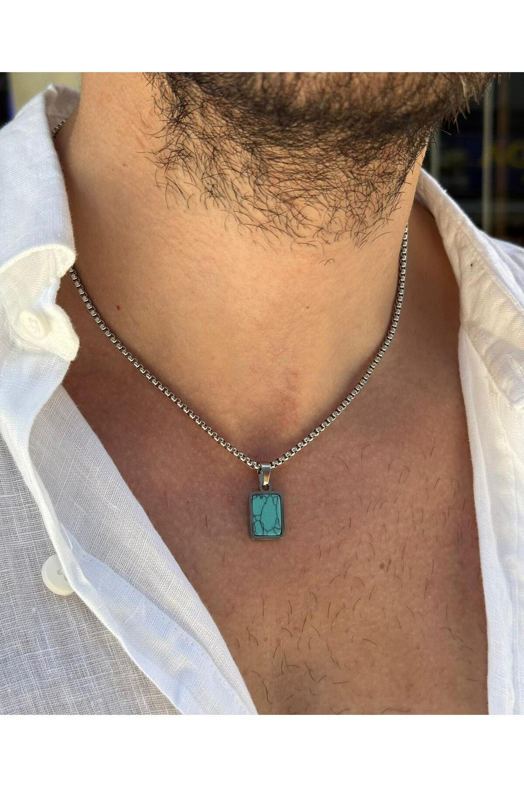 Mens  Pendant Necklace | Stainless Steel Box Chain | Minimal Stone Jewelry