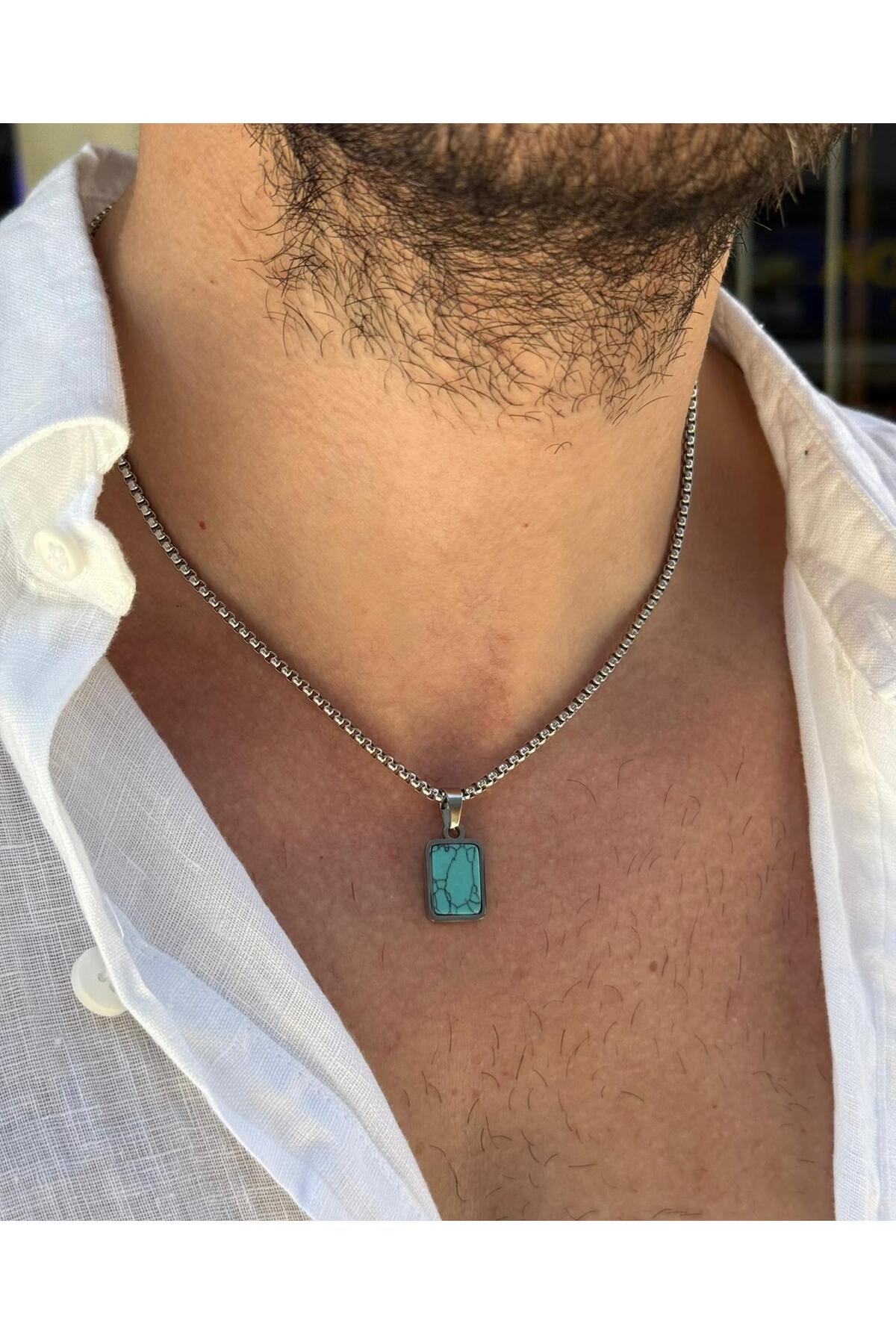 Mens  Pendant Necklace | Stainless Steel Box Chain | Minimal Stone Jewelry