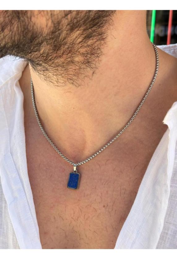 Mens  Pendant Necklace | Stainless Steel Box Chain | Minimal Stone Jewelry