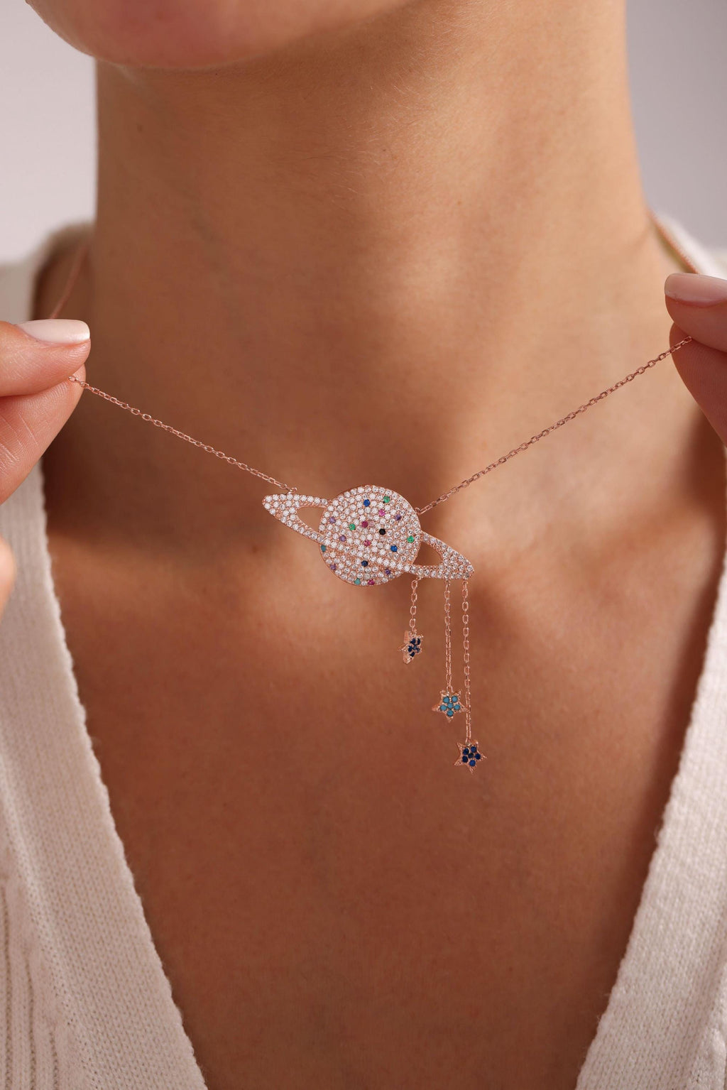Rose Gold Planet Necklace | Sterling Silver Star Dangle Pendant | Celestial Jewelry Gift
