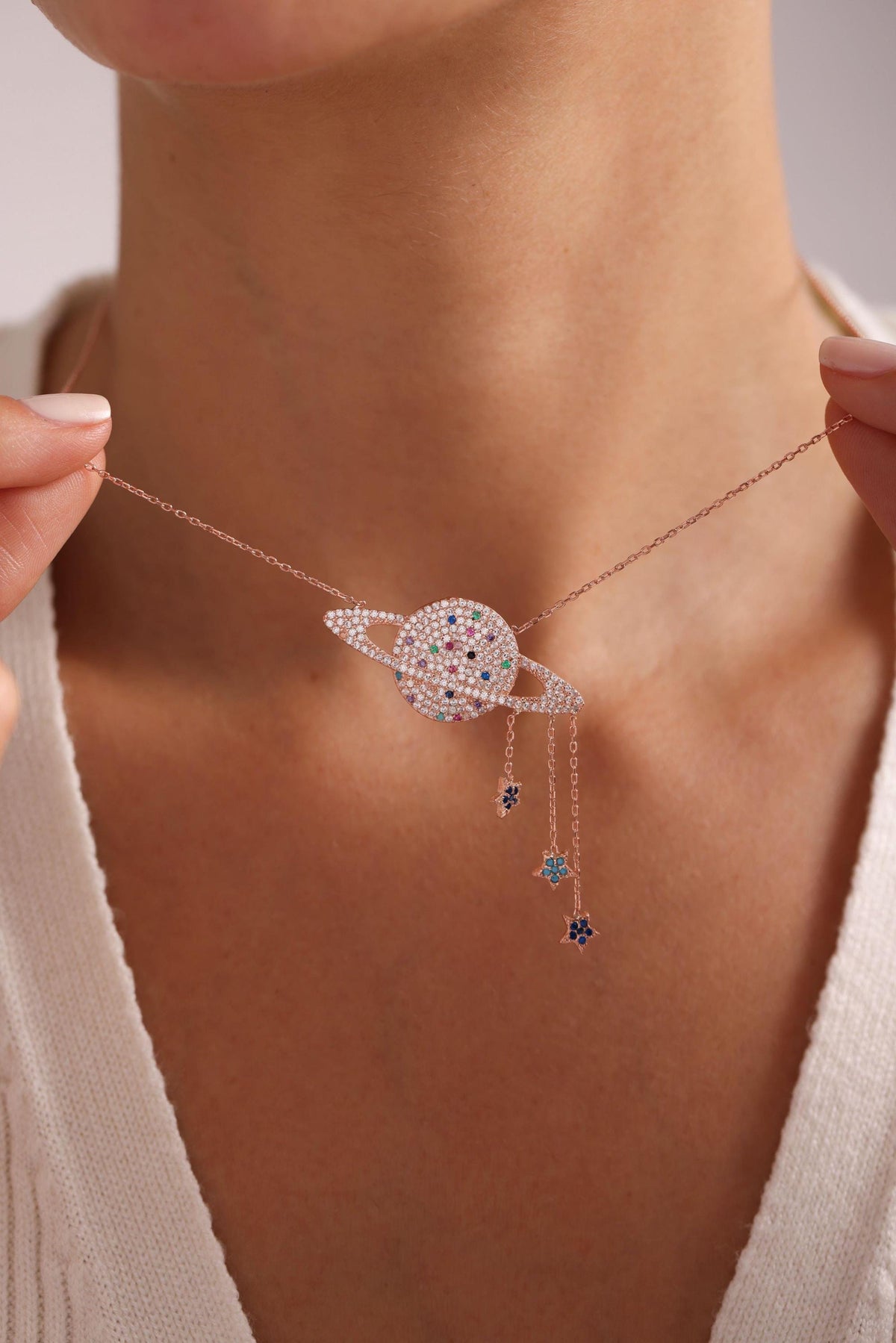 Rose Gold Planet Necklace | Sterling Silver Star Dangle Pendant | Celestial Jewelry Gift