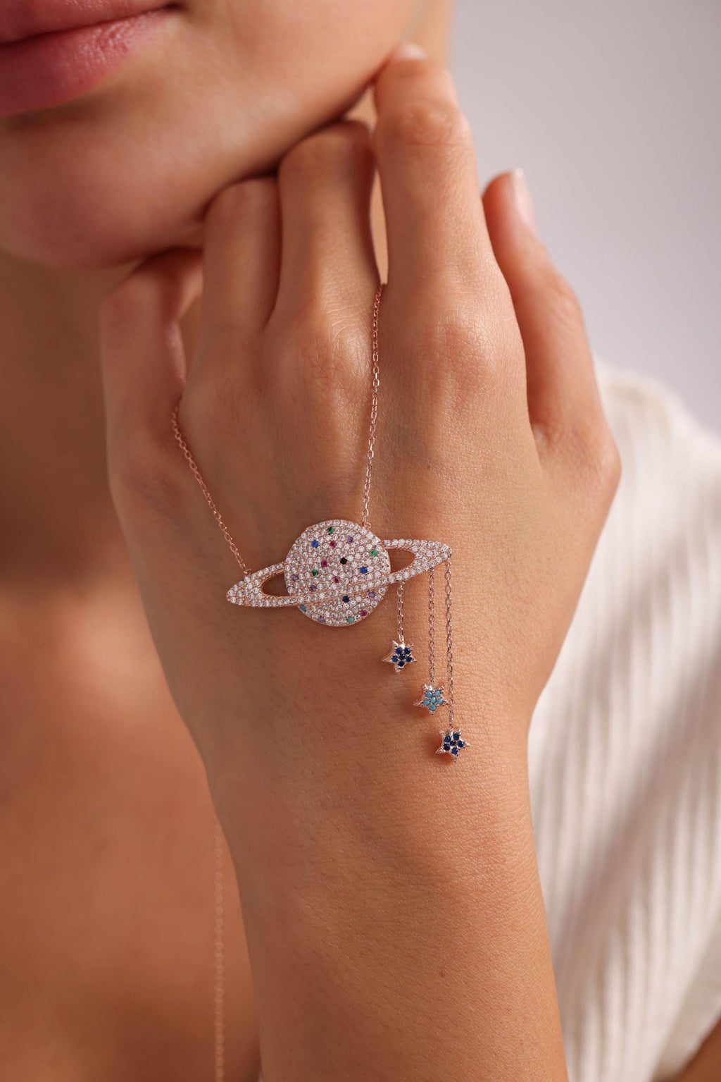 Rose Gold Planet Necklace | Sterling Silver Star Dangle Pendant | Celestial Jewelry Gift