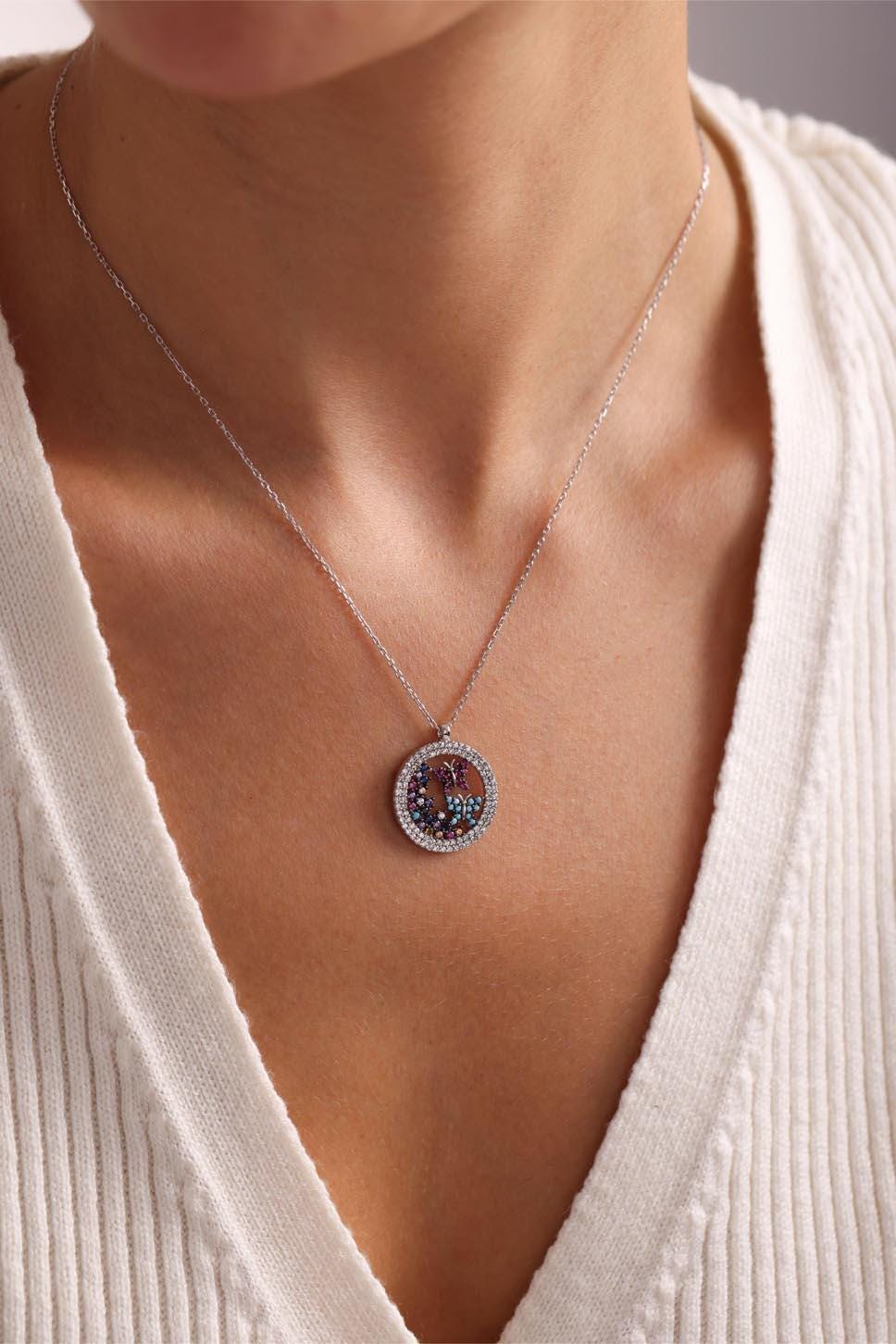 Sterling Silver Butterfly Necklace | Dainty Circle Jewelry | Colorful Zircon Pendant | Gift for Her