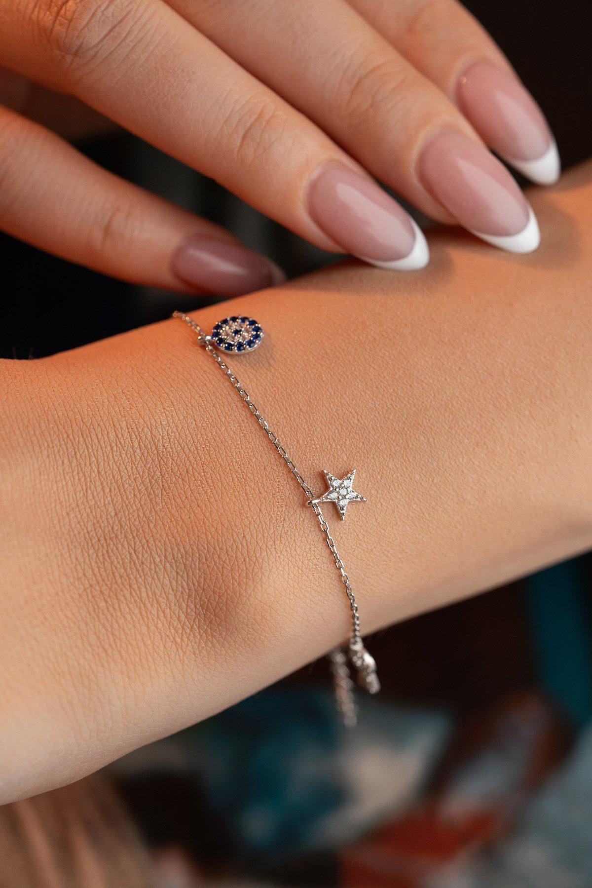 Sterling Silver Evil Eye Bracelet | Dainty Lucky Charm Jewelry | Minimal Zircon Bracelet | Gift for Her
