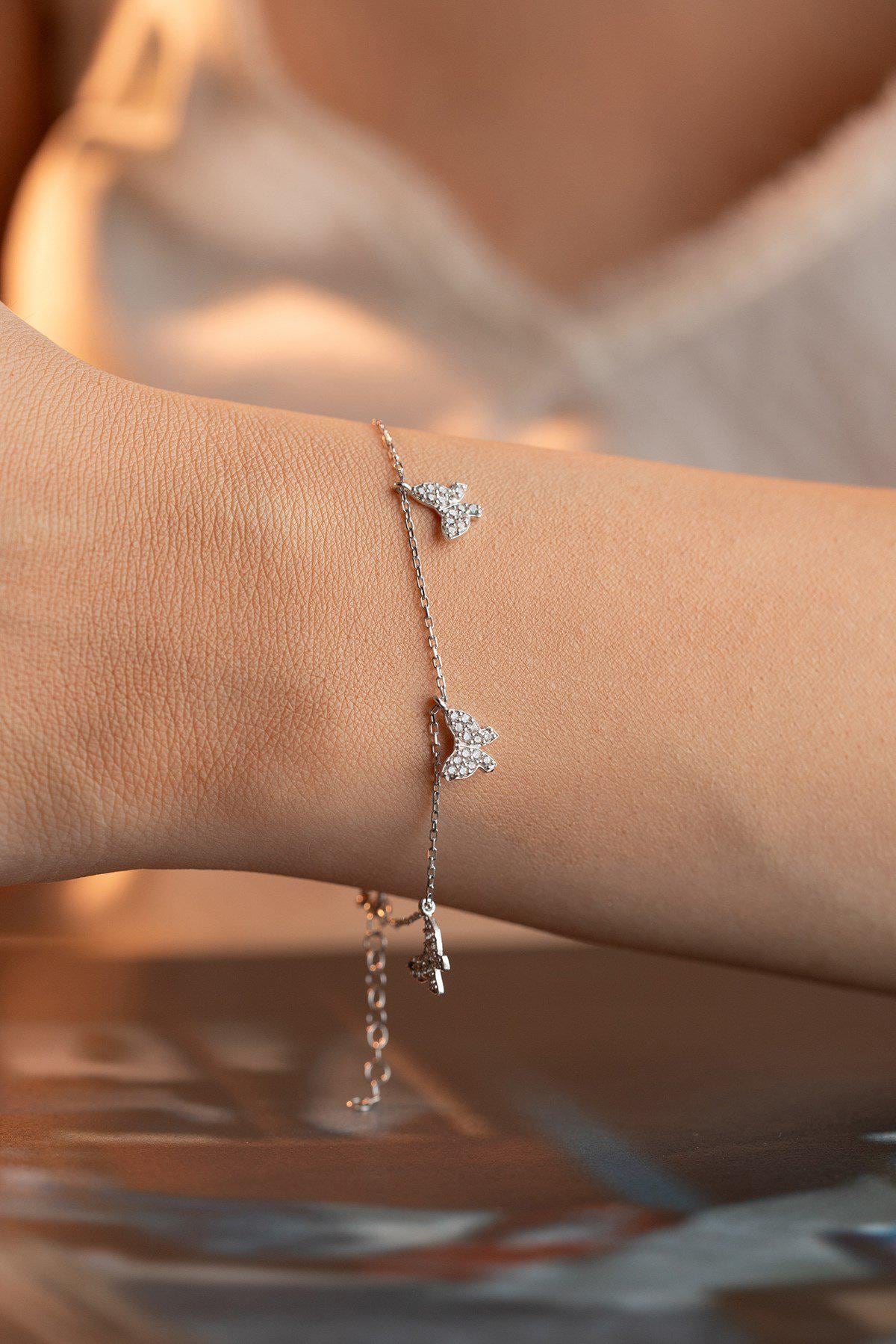 Sterling Silver Butterfly Bracelet | Dainty Lucky Jewelry | Minimal Zircon Bracelet | Gift for Her