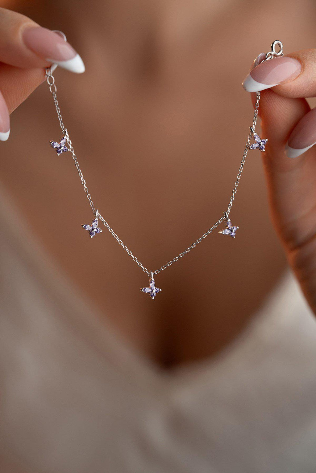 Sterling Silver Butterfly Bracelet | Dainty Purple Zircon Jewelry | Lucky Charm Bracelet | Gift for Her