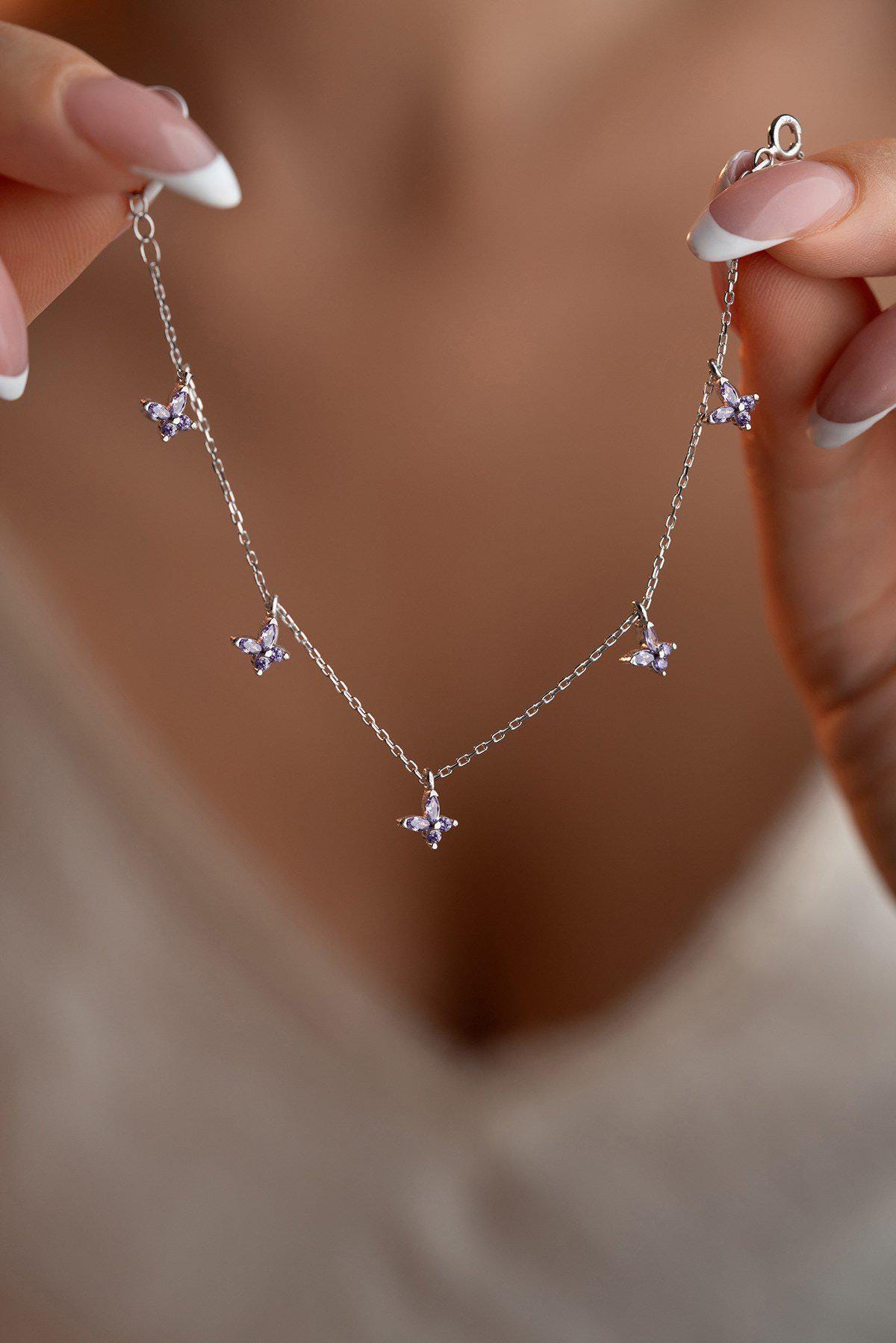 Sterling Silver Butterfly Bracelet | Dainty Purple Zircon Jewelry | Lucky Charm Bracelet | Gift for Her
