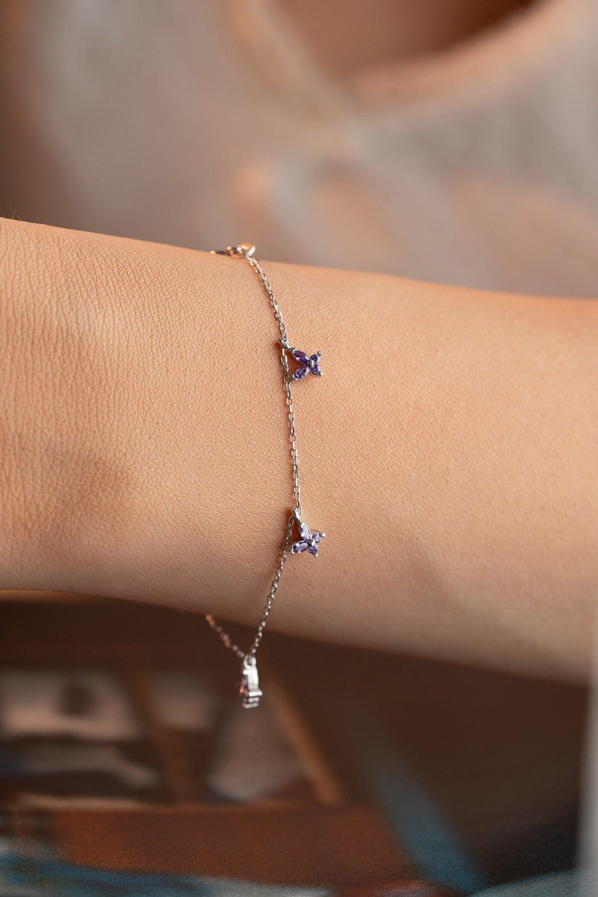 Sterling Silver Butterfly Bracelet | Dainty Purple Zircon Jewelry | Lucky Charm Bracelet | Gift for Her