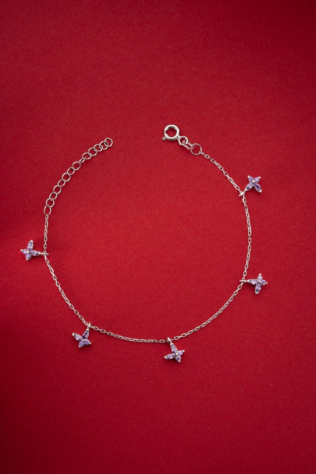 Sterling Silver Butterfly Bracelet | Dainty Purple Zircon Jewelry | Lucky Charm Bracelet | Gift for Her