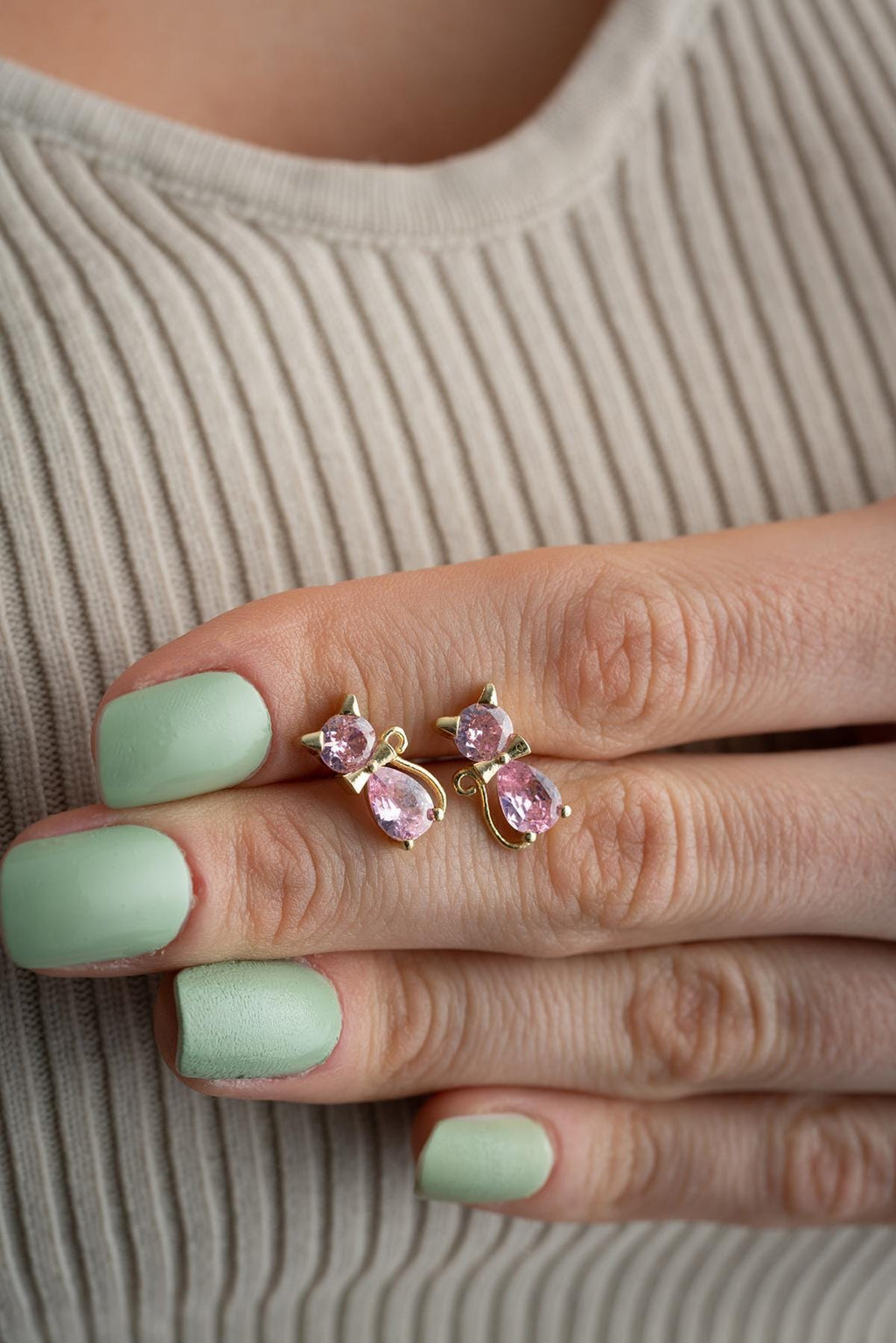 Sterling Silver Cat Earrings | Pink Zircon Studs | 14K Gold Plated Dainty Jewelry