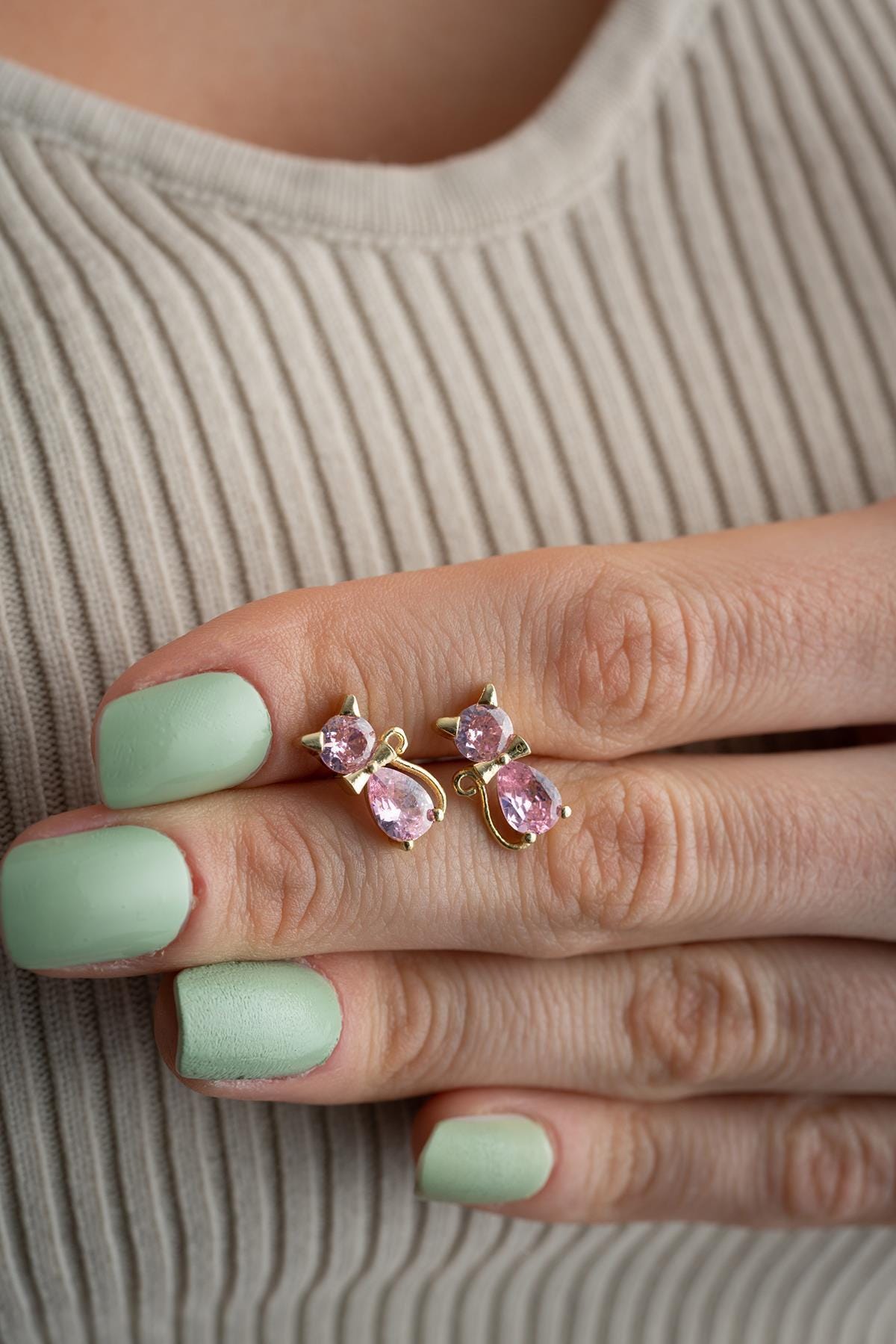 Sterling Silver Cat Earrings | Pink Zircon Studs | 14K Gold Plated Dainty Jewelry