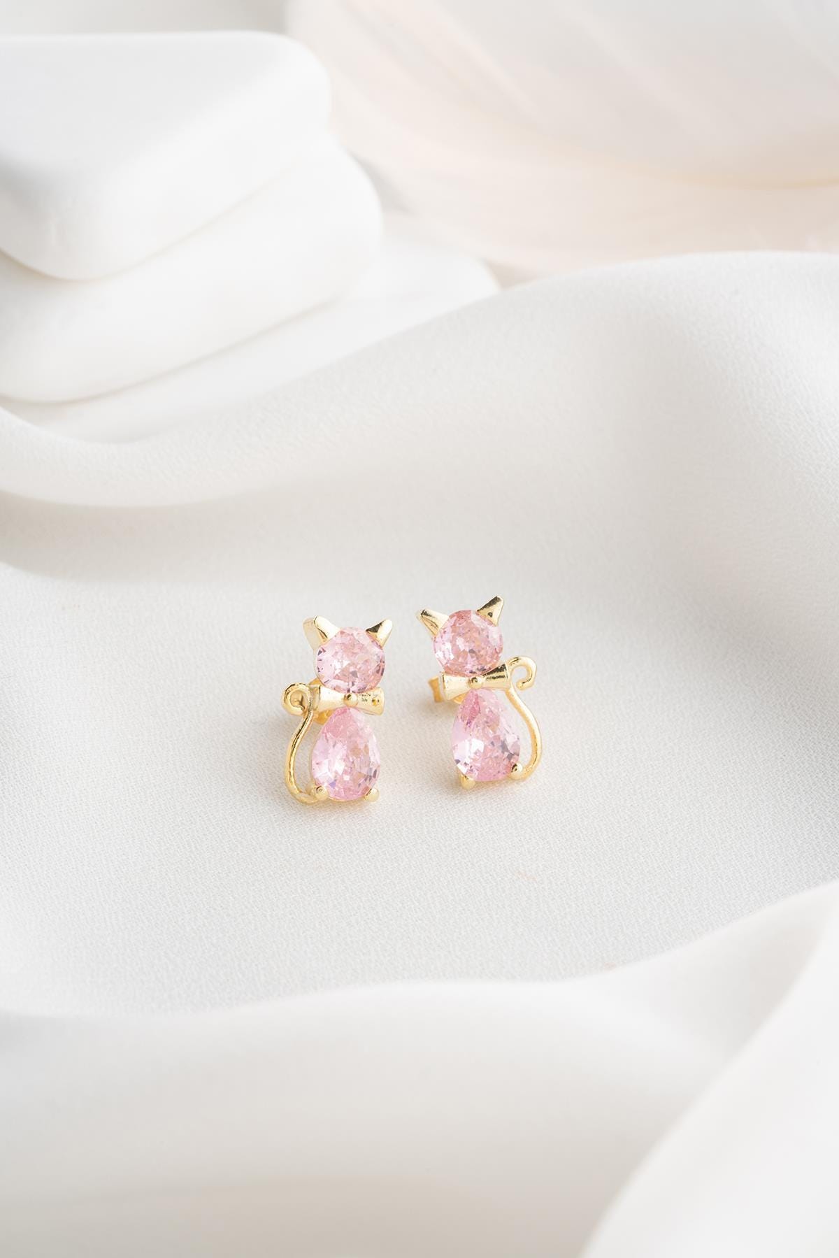 Sterling Silver Cat Earrings | Pink Zircon Studs | 14K Gold Plated Dainty Jewelry