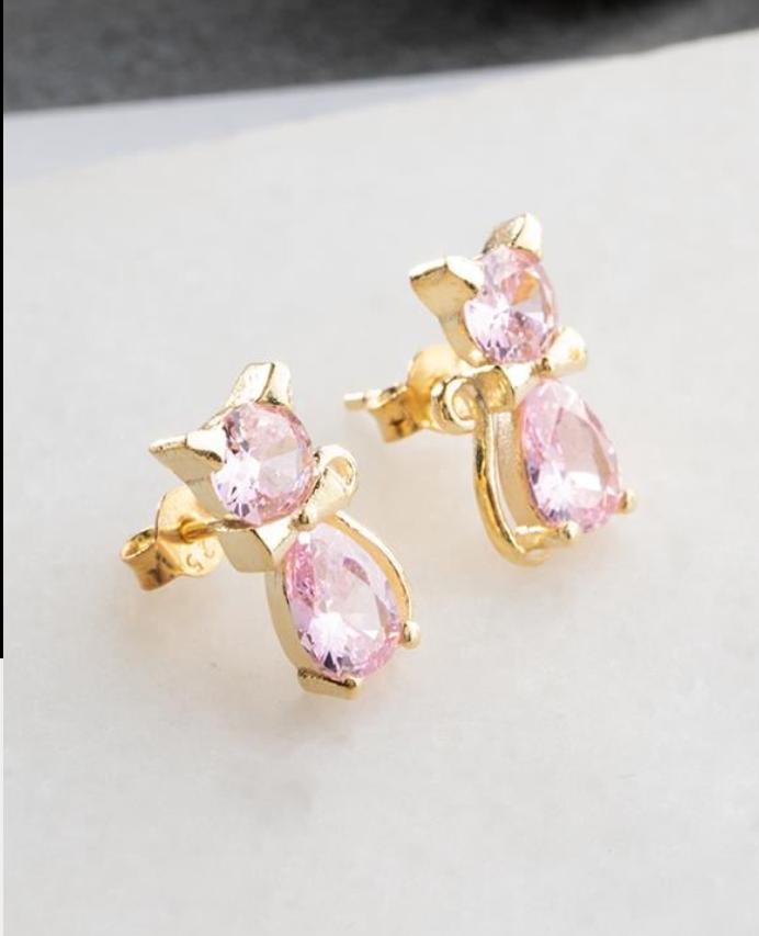 Sterling Silver Cat Earrings | Pink Zircon Studs | 14K Gold Plated Dainty Jewelry