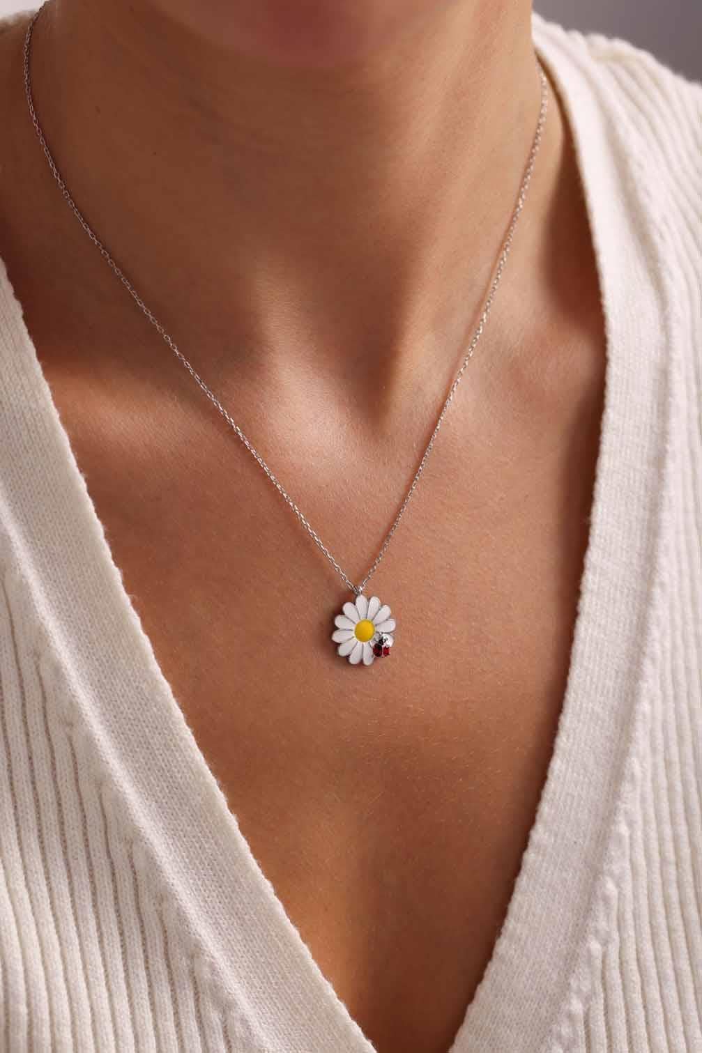 Sterling Silver Ladybug Daisy Necklace | Lucky Charm Jewelry | Minimal Gift for Her
