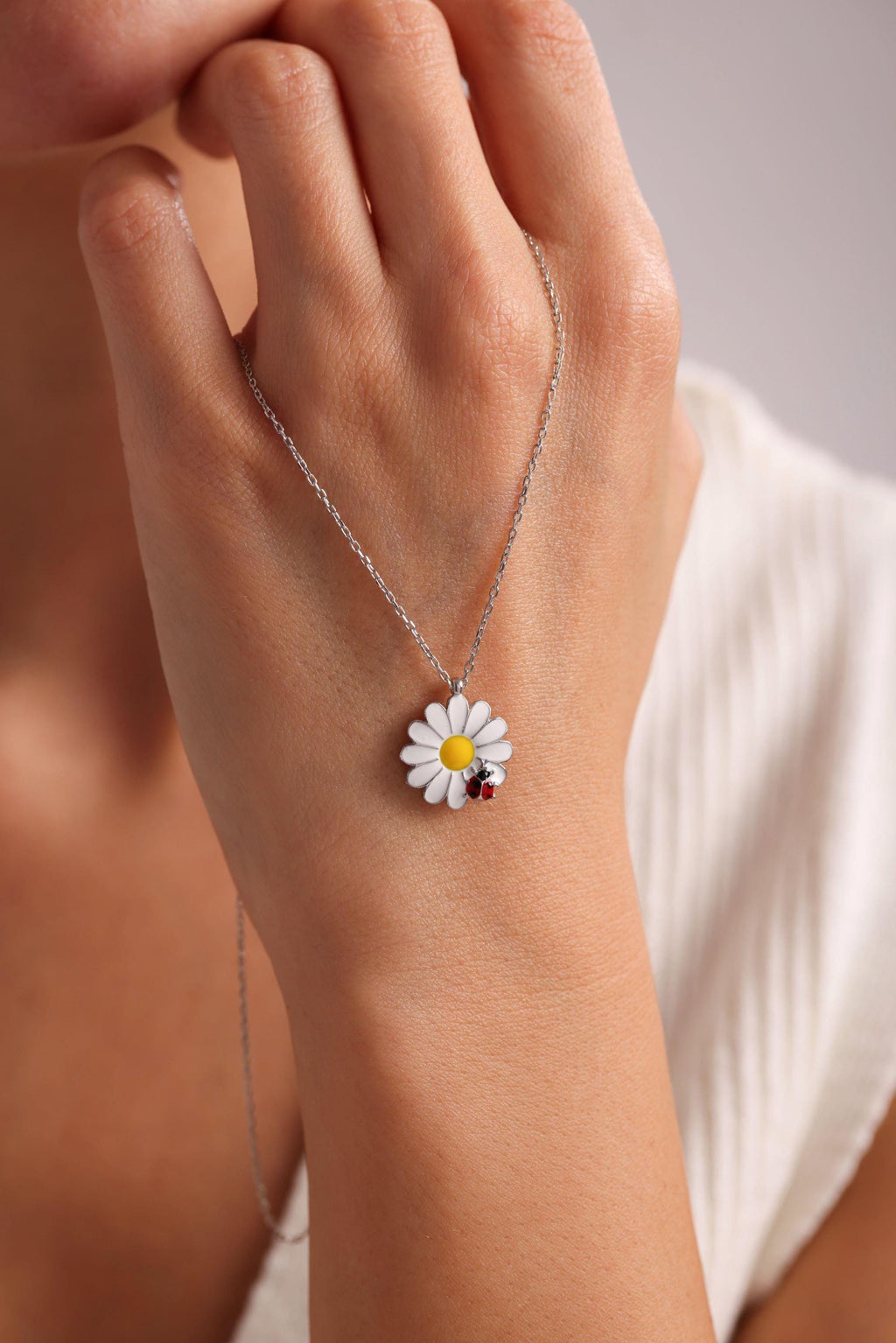Sterling Silver Ladybug Daisy Necklace | Lucky Charm Jewelry | Minimal Gift for Her
