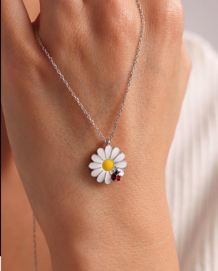 Sterling Silver Ladybug Daisy Necklace | Lucky Charm Jewelry | Minimal Gift for Her