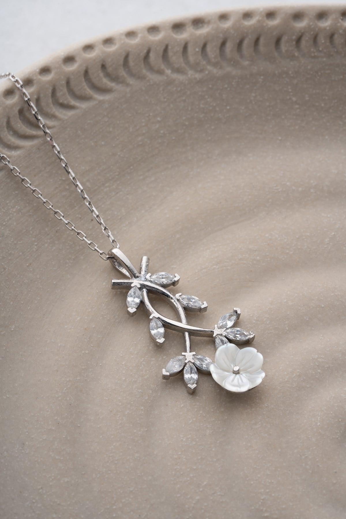 Sterling Silver Magnolia Necklace | Floral Zircon Pendant | Elegant Gift for Her