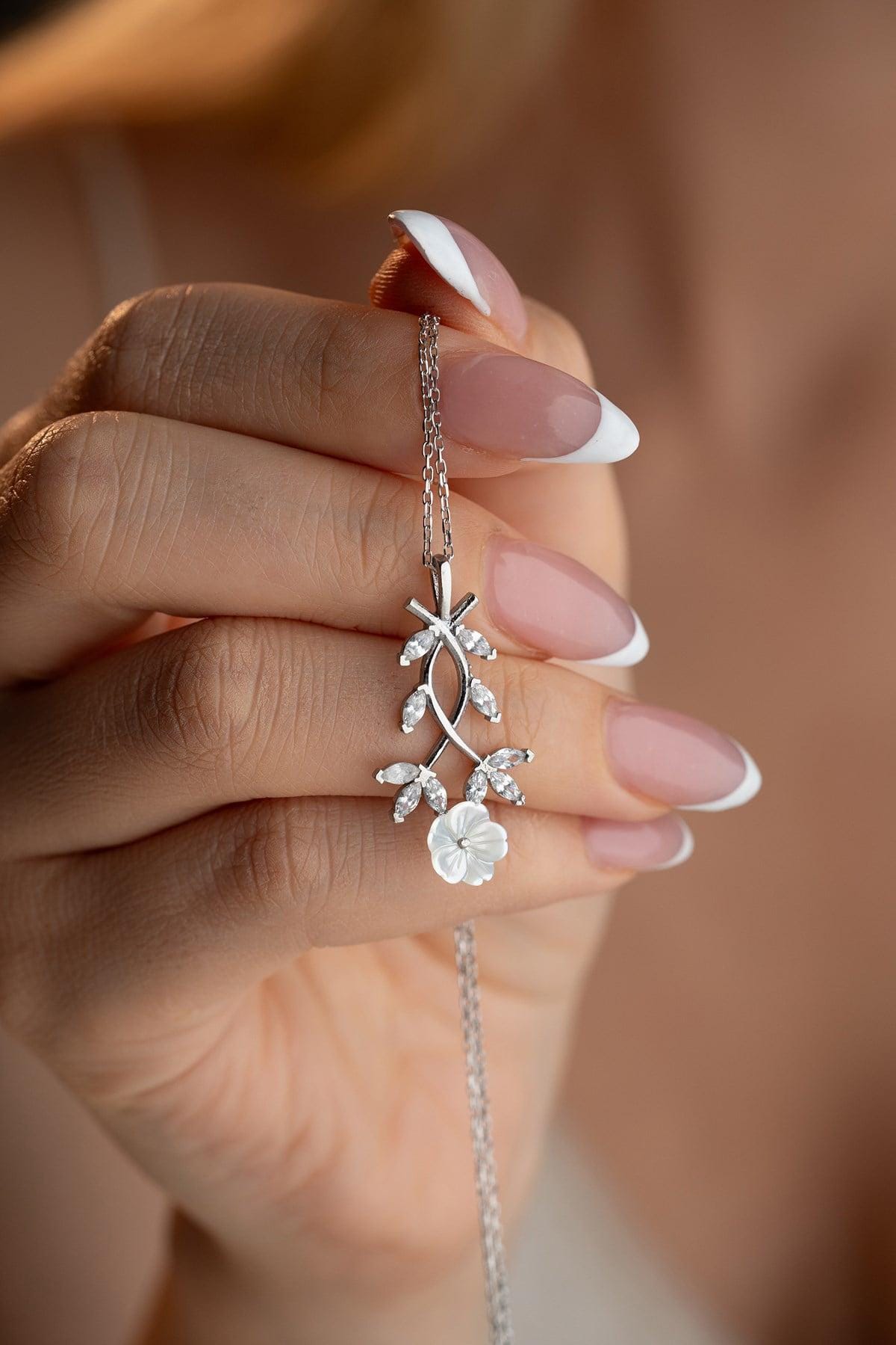 Sterling Silver Magnolia Necklace | Floral Zircon Pendant | Elegant Gift for Her