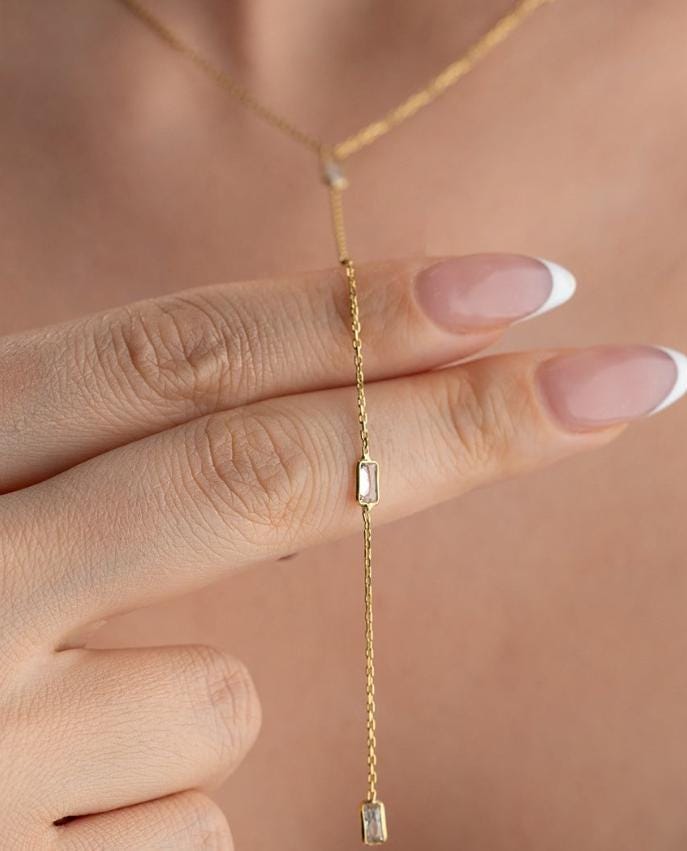 Gold Baguette Necklace | Sterling Silver Lariat Necklace | Minimal Dainty Jewelry