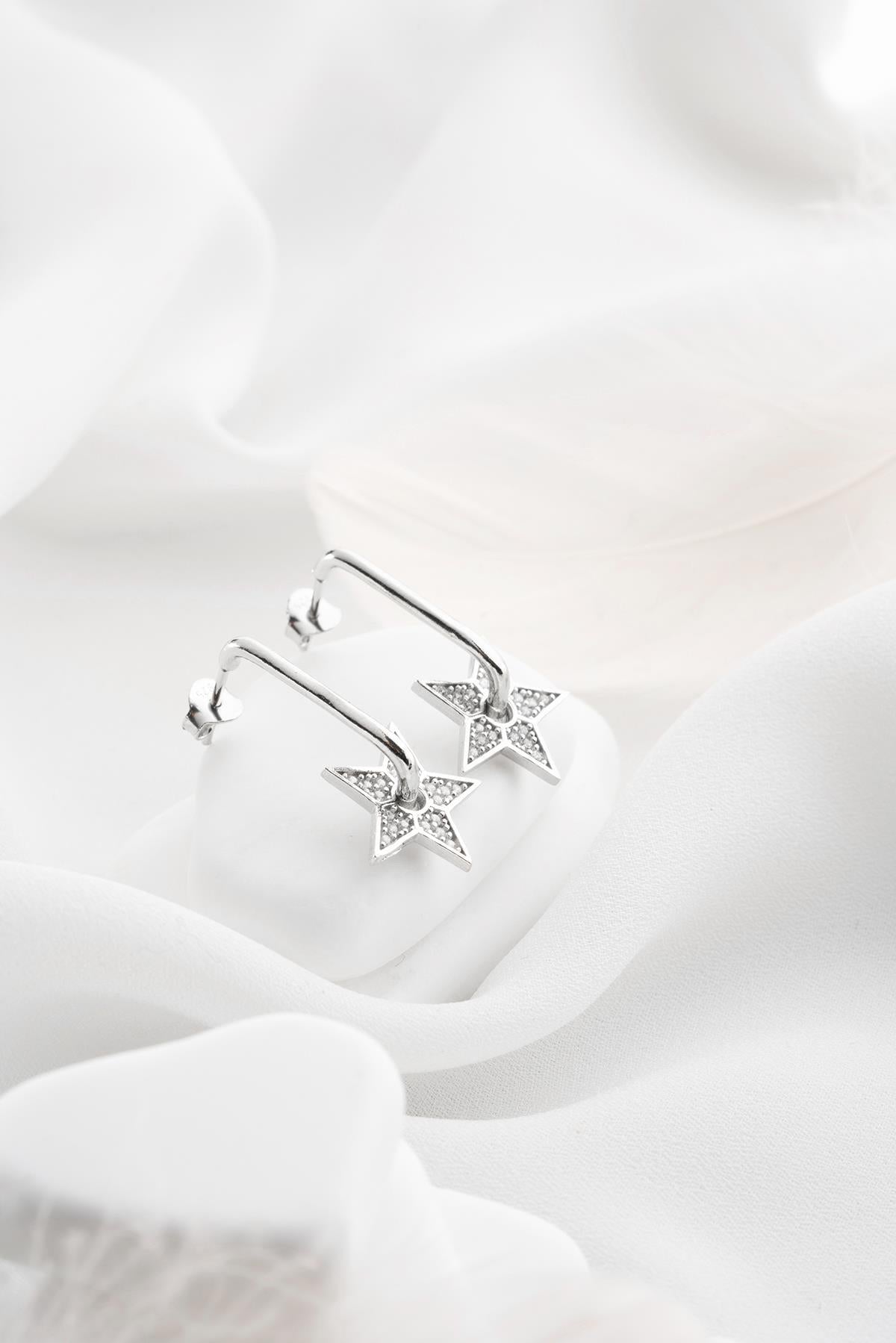 Sterling Silver Star Earrings | Zircon Hoop Earrings | Dainty Minimal Jewelry Gift for Her