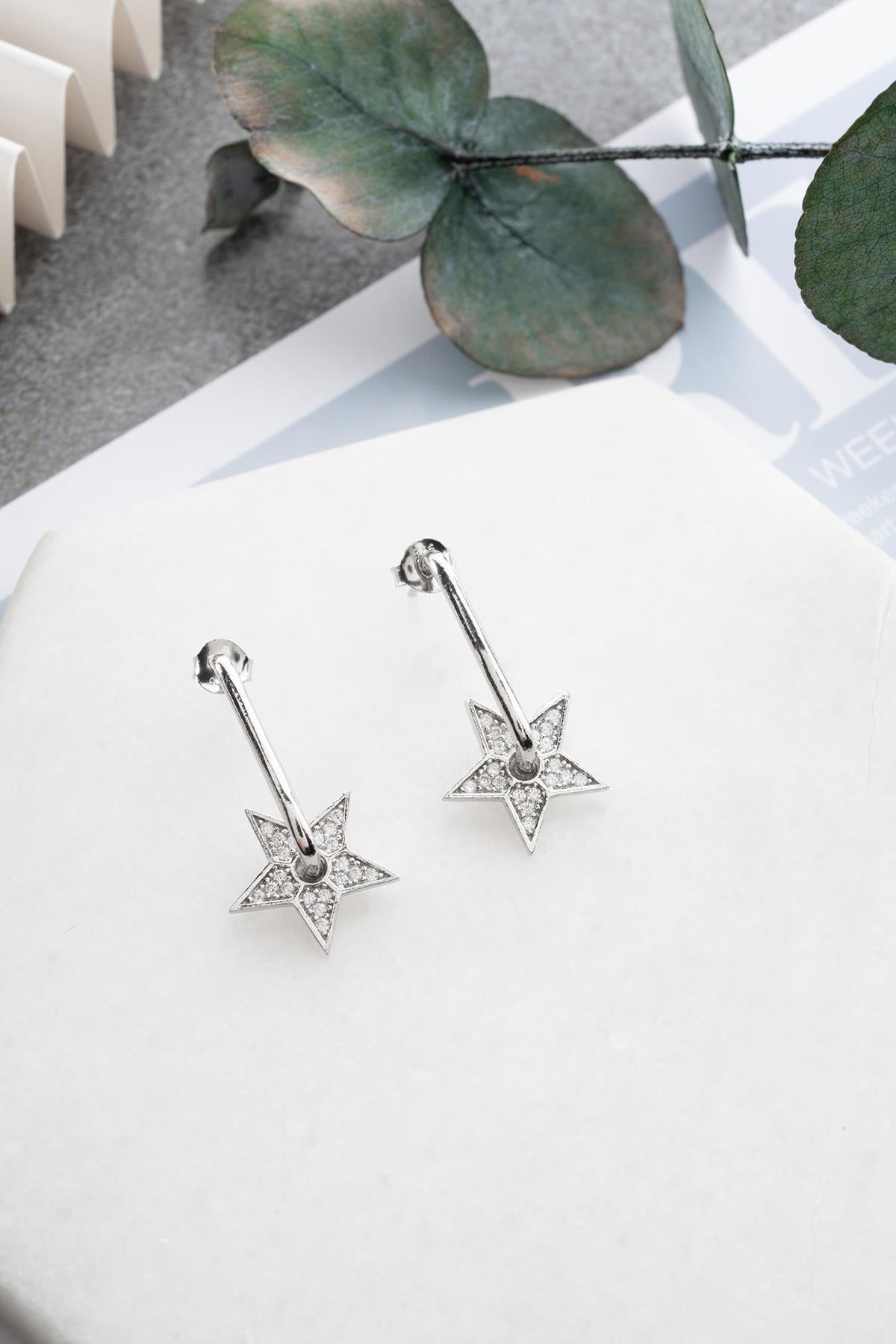 Sterling Silver Star Earrings | Zircon Hoop Earrings | Dainty Minimal Jewelry Gift for Her