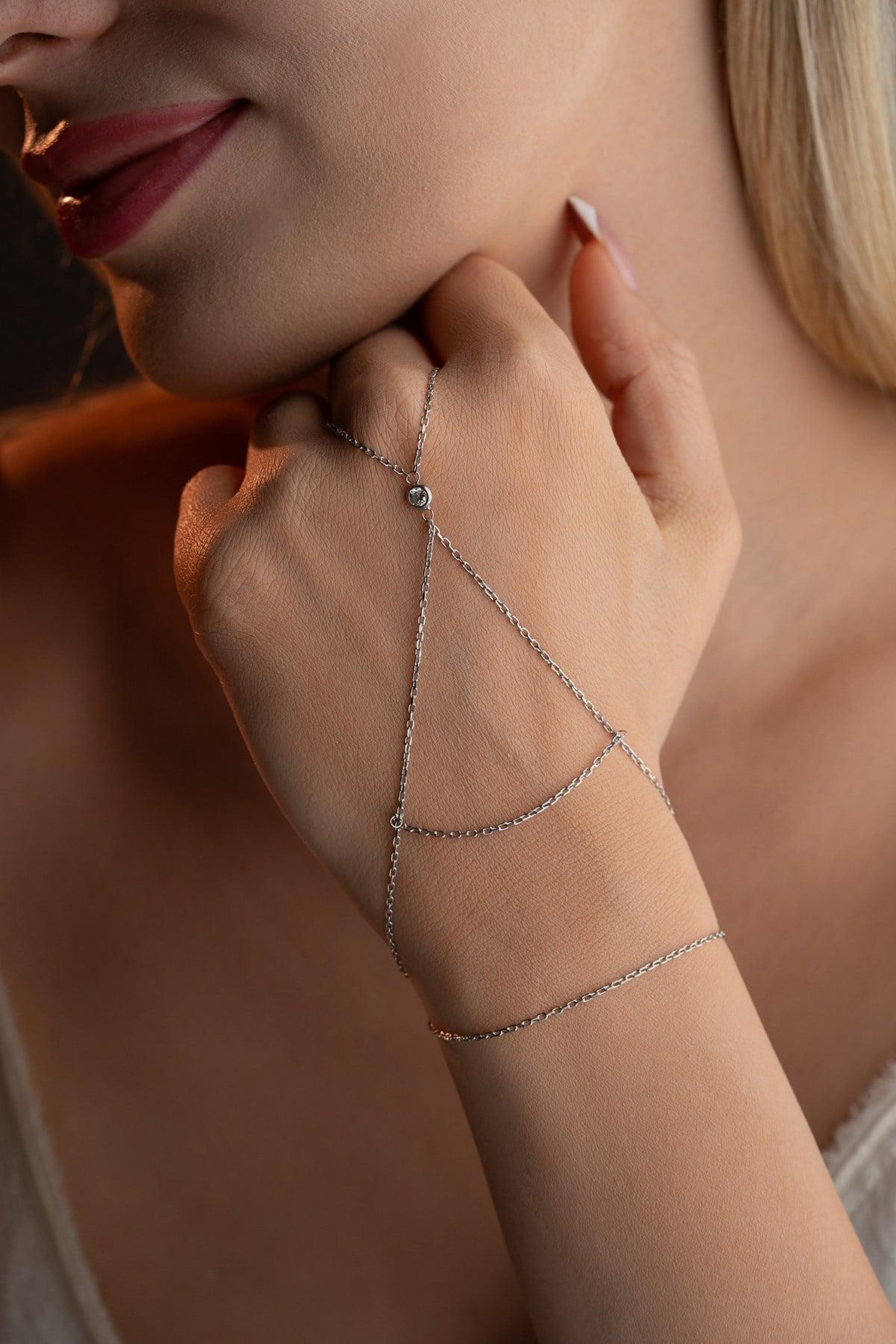 Sterling Silver Hand Chain Bracelet | Zircon Slave Bracelet | Minimal Jewelry Gift for Her