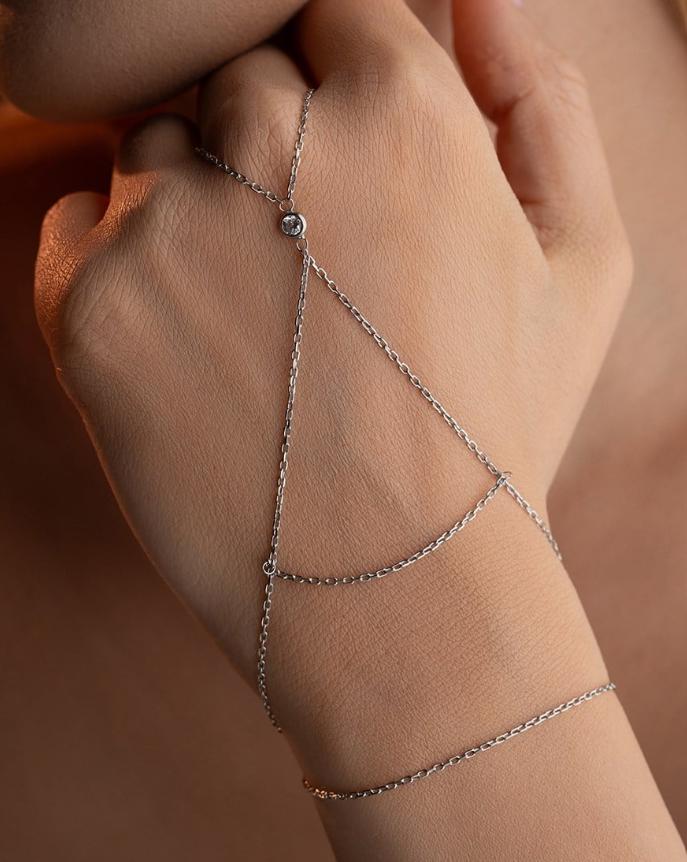 Sterling Silver Hand Chain Bracelet | Zircon Slave Bracelet | Minimal Jewelry Gift for Her