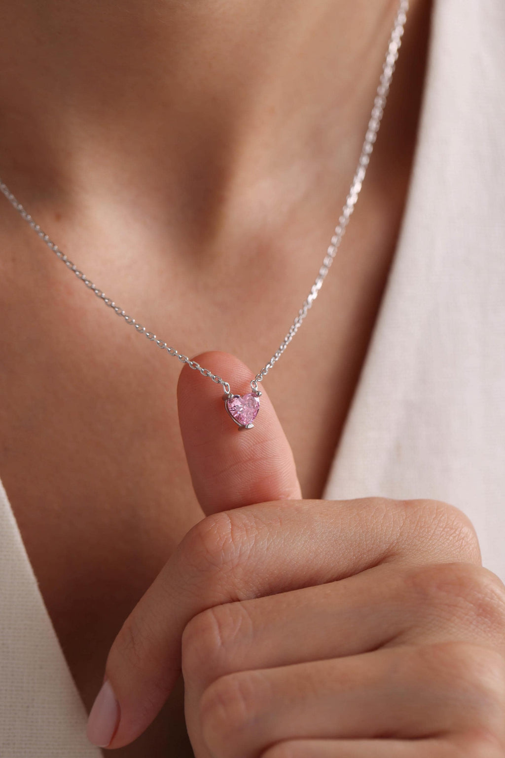 Pink Heart Necklace | Sterling Silver Dainty Jewelry | Minimal Romantic Gift for Her
