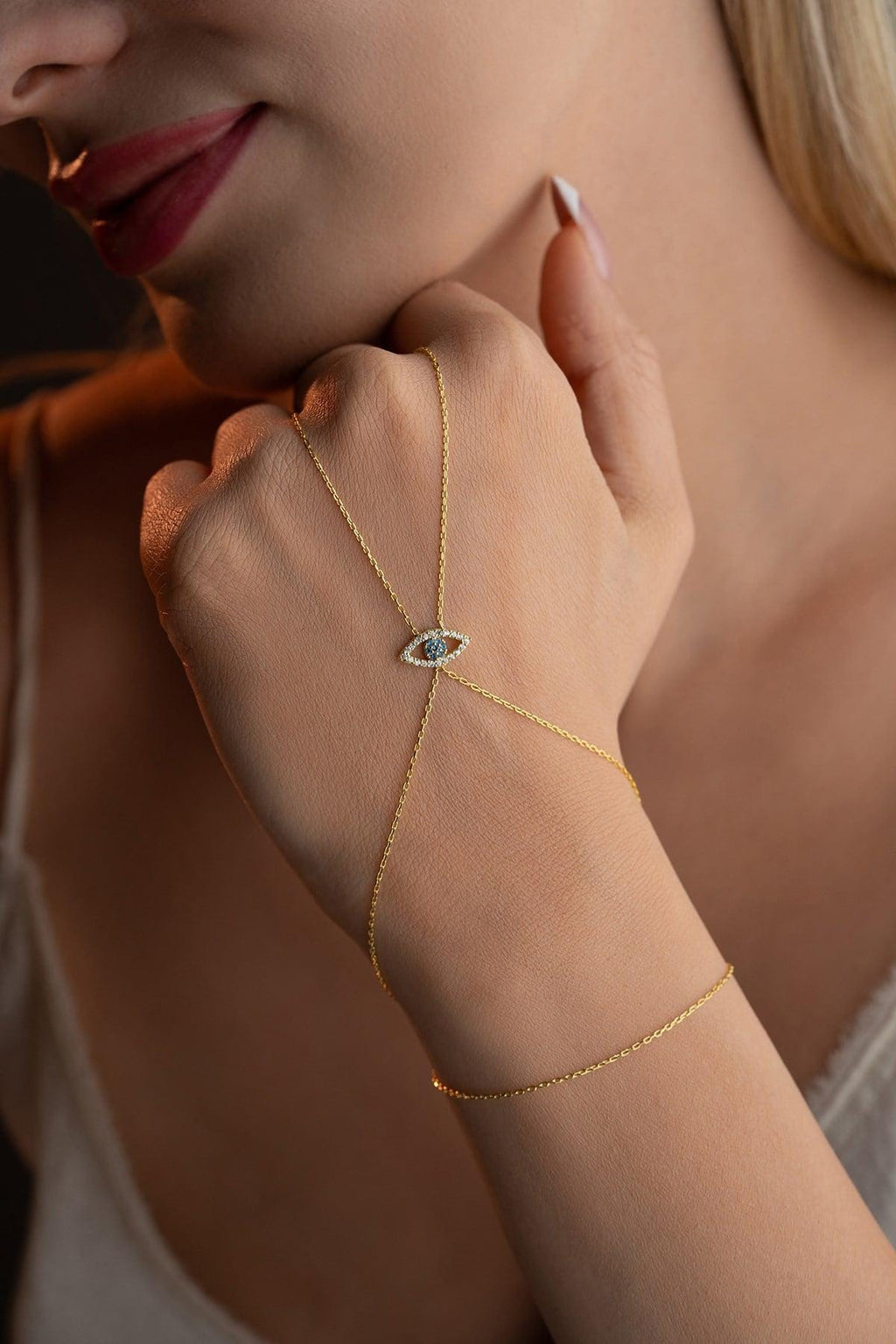 925 Sterling Silver, Evil Eye Hand Chain, Gold Plated Protection Jewelry
