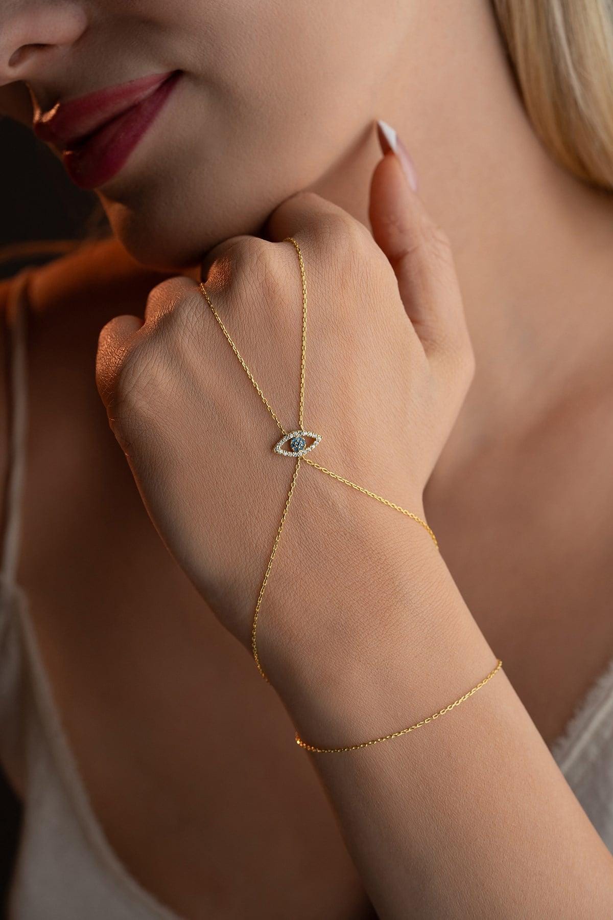 925 Sterling Silver, Evil Eye Hand Chain, Gold Plated Protection Jewelry