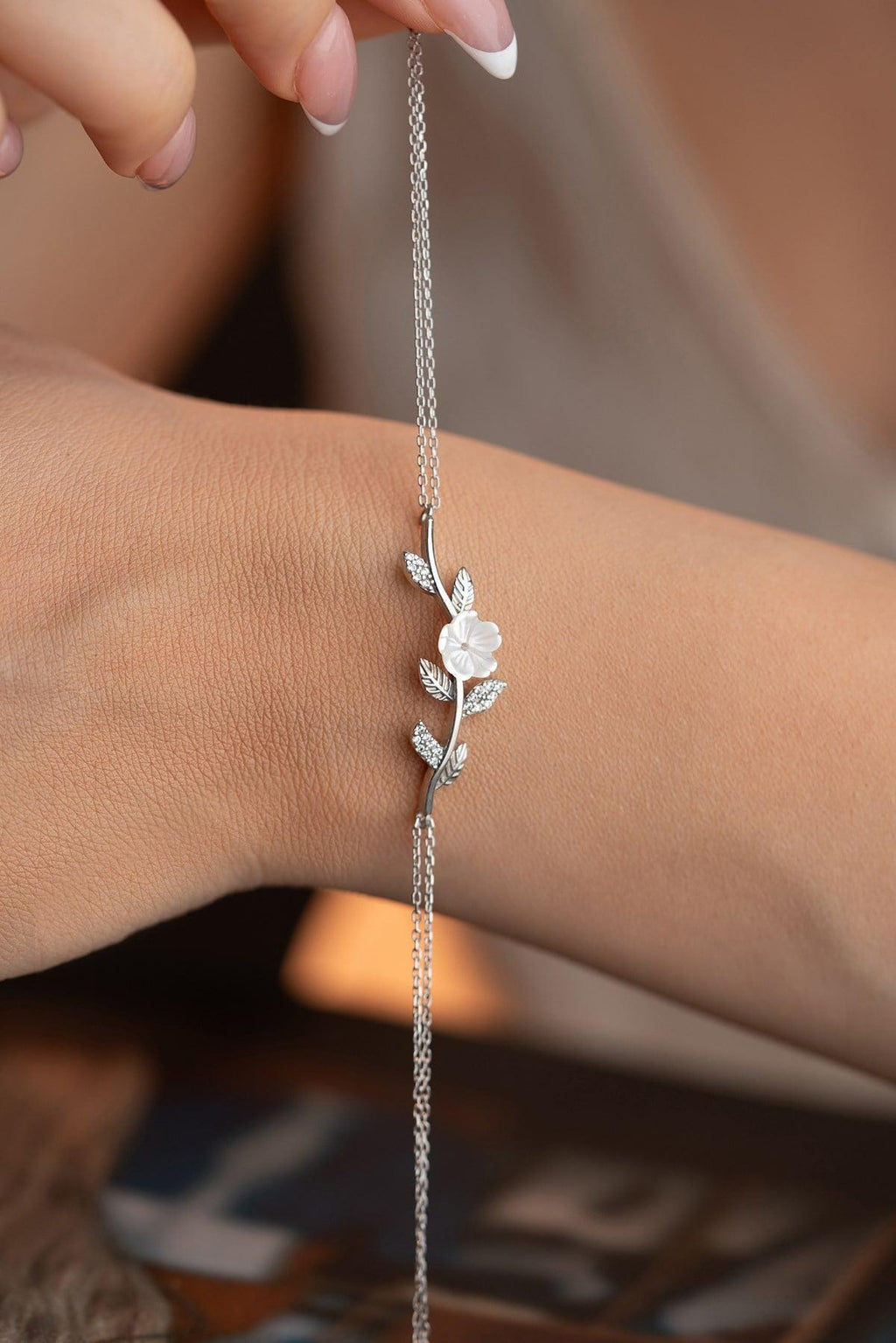 Sterling Silver Magnolia Bracelet | Zircon Floral Jewelry | Dainty Elegant Gift for Her