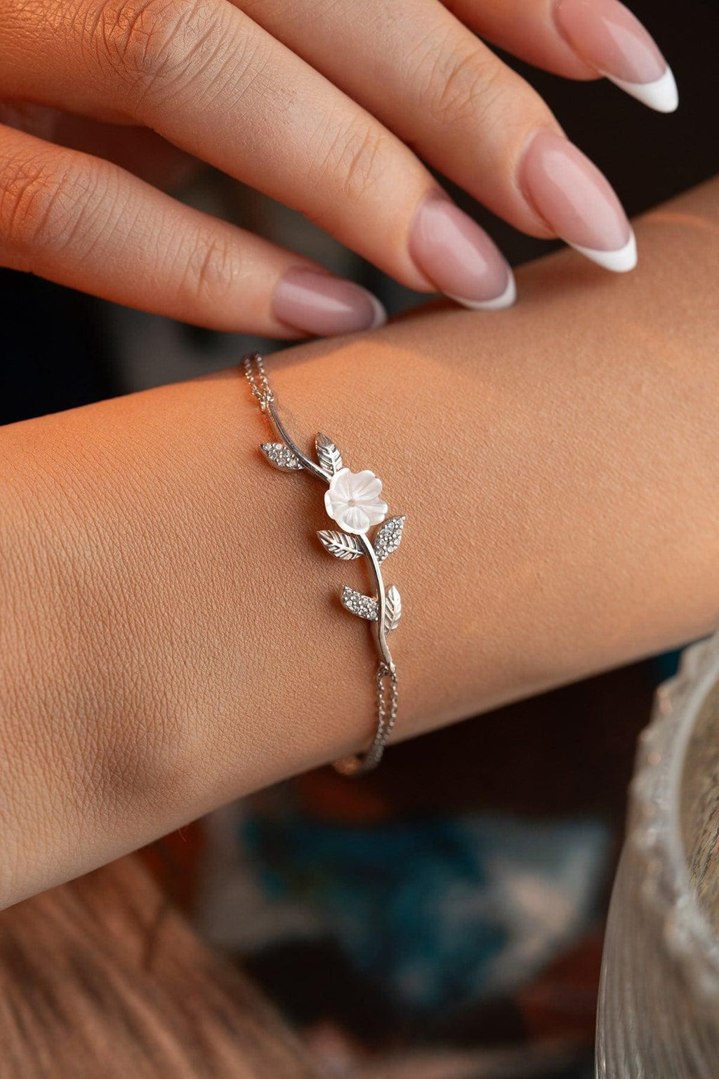 Sterling Silver Magnolia Bracelet | Zircon Floral Jewelry | Dainty Elegant Gift for Her