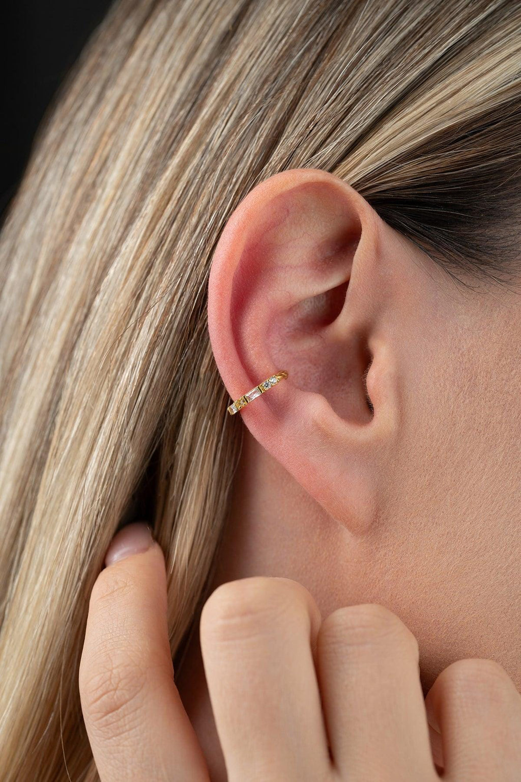 Gold Plated Cartilage Earring | Sterling Silver Baguette Stud | Minimal Dainty Jewelry