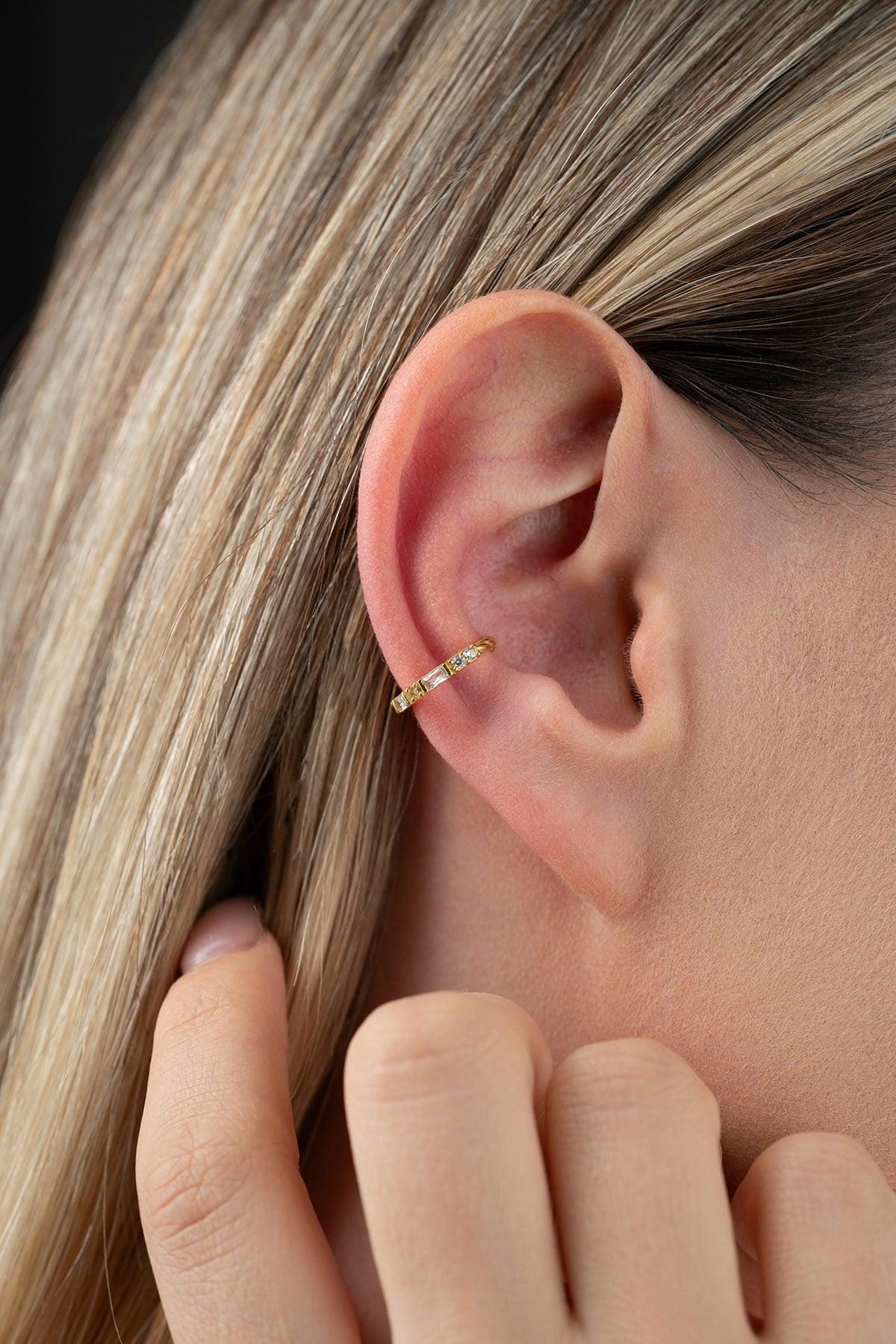 Gold Plated Cartilage Earring | Sterling Silver Baguette Stud | Minimal Dainty Jewelry