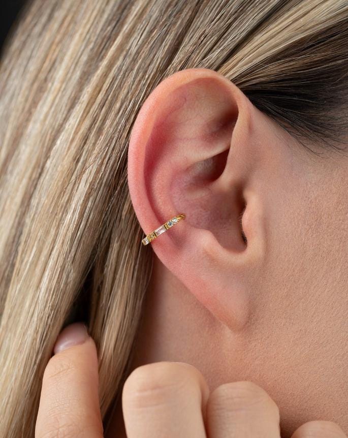 Gold Plated Cartilage Earring | Sterling Silver Baguette Stud | Minimal Dainty Jewelry