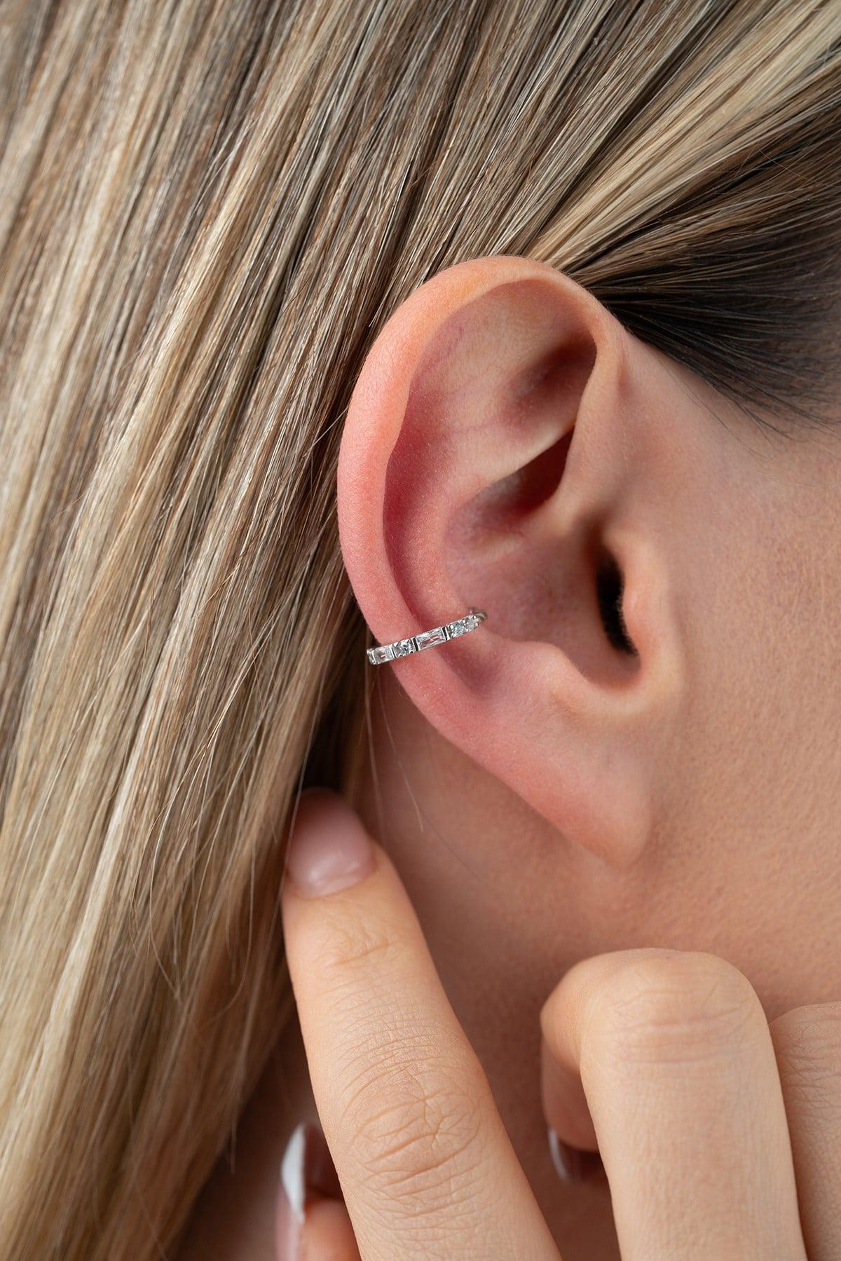 Sterling Silver Cartilage Earring | Baguette Zircon Ear Cuff | Minimal Dainty Jewelry
