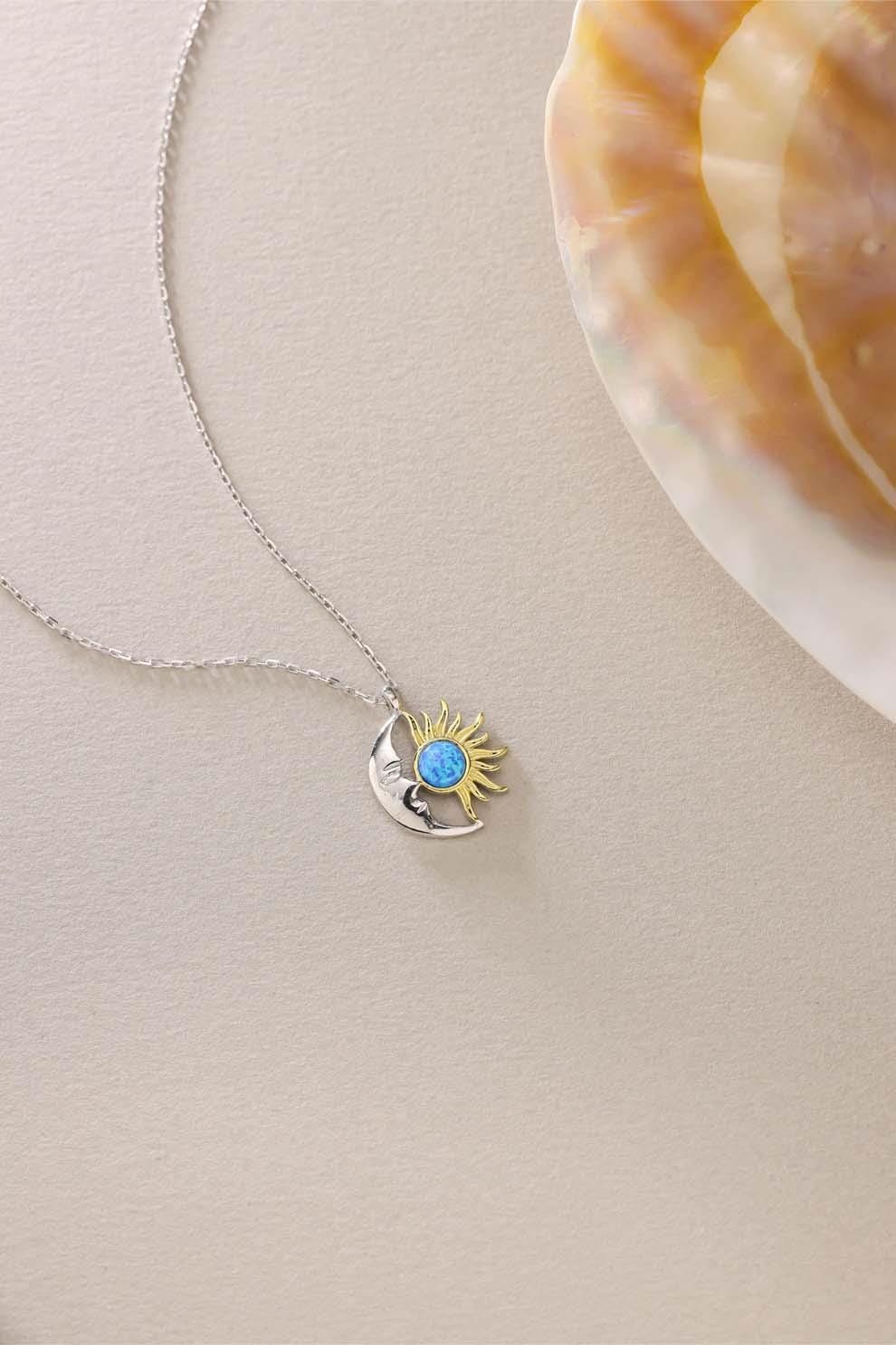 Sterling Silver Moon Sun Necklace | Blue Opal Pendant | Celestial Gift for Her