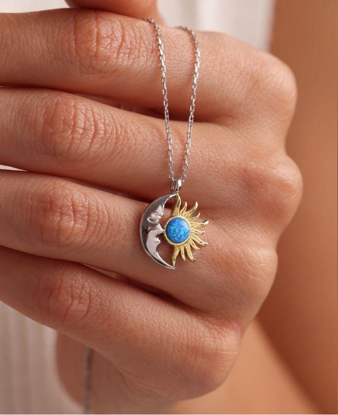 Sterling Silver Moon Sun Necklace | Blue Opal Pendant | Celestial Gift for Her