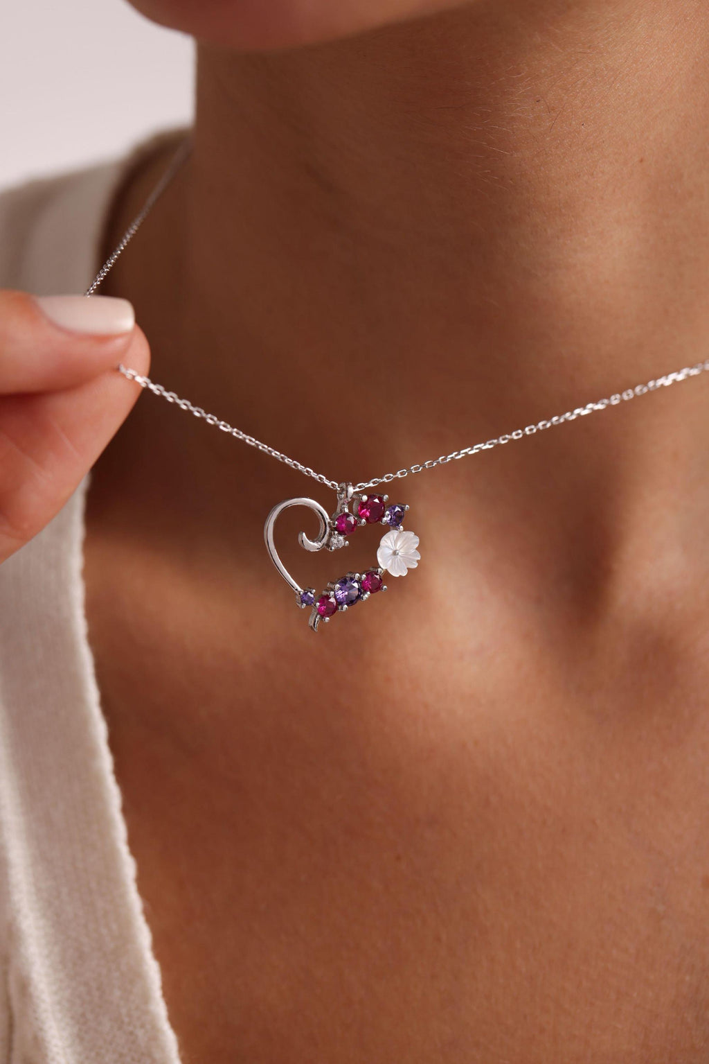 Sterling Silver Magnolia Heart Necklace | Colorful Zircon Pendant | Gift for Her