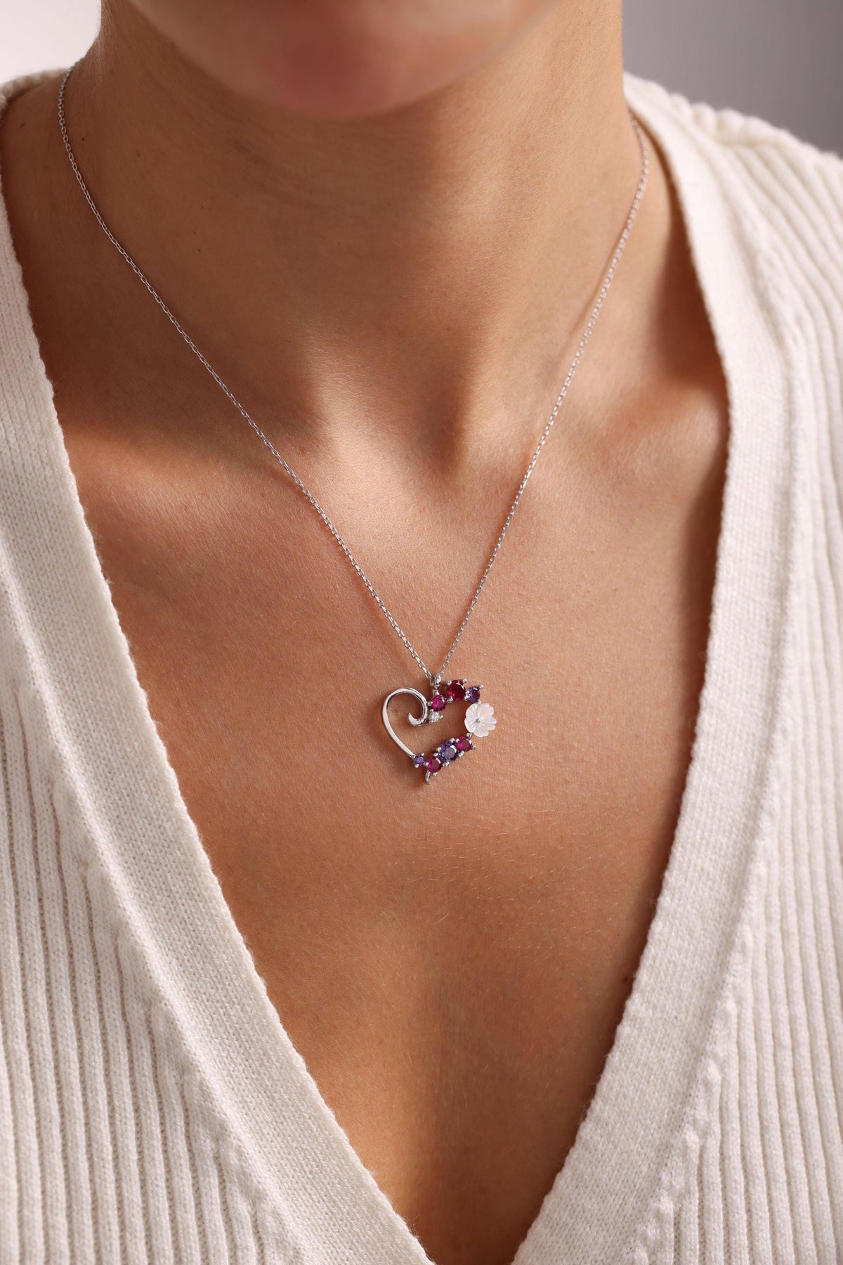 Sterling Silver Magnolia Heart Necklace | Colorful Zircon Pendant | Gift for Her