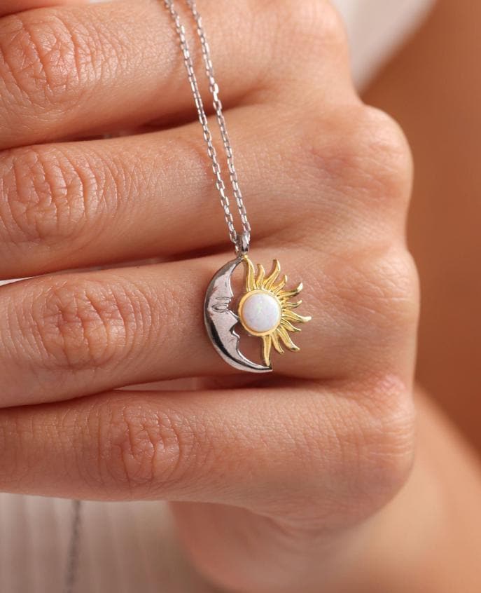 Sterling Silver Moon Sun Necklace | White Opal Pendant | Celestial Gift for Her
