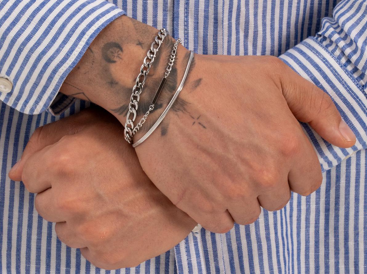 Mens Layered Bracelet Set Silver | Cuban Figaro Snake Chain Stainless Steel Gift