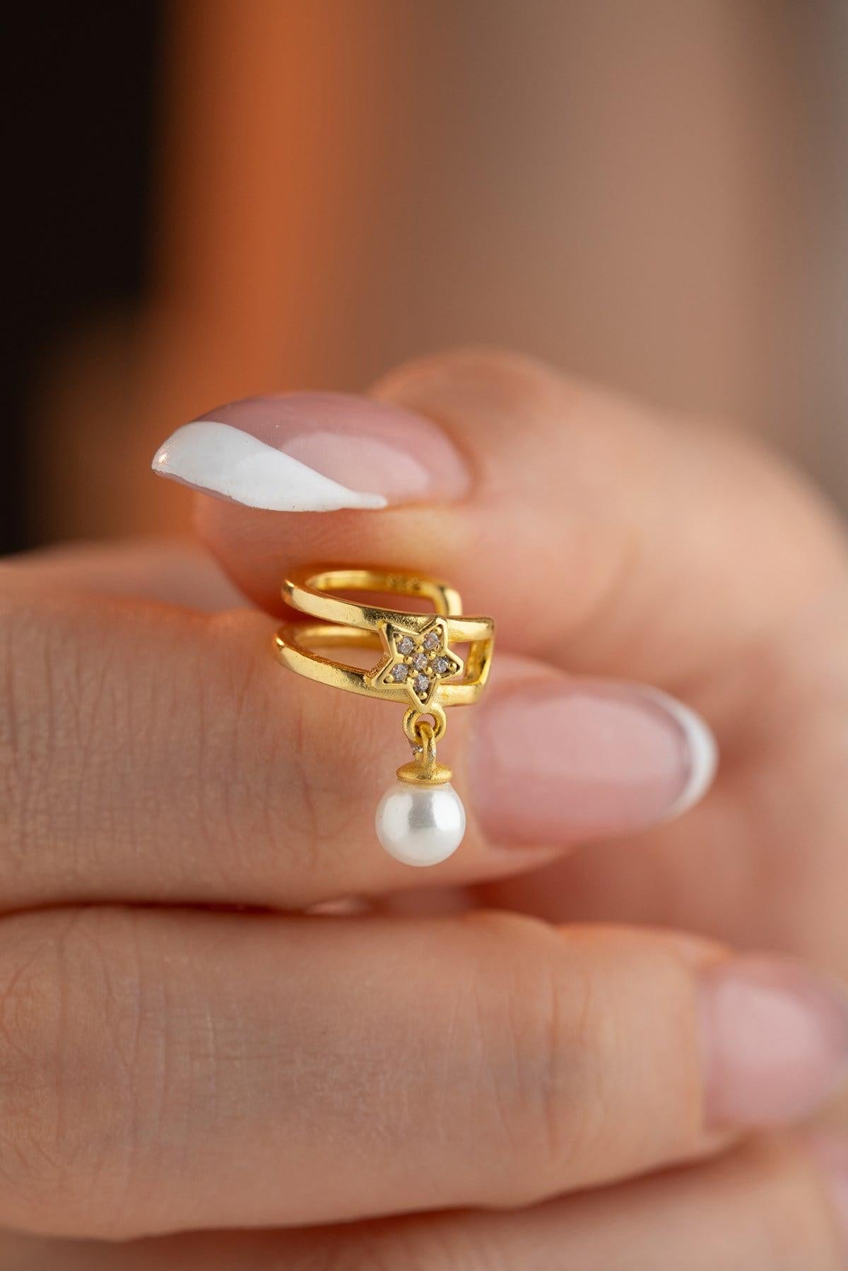 Sterling Silver Star Ear Cuff | Pearl Dainty Earring | Gold Plated Jewelry | Gift for Her