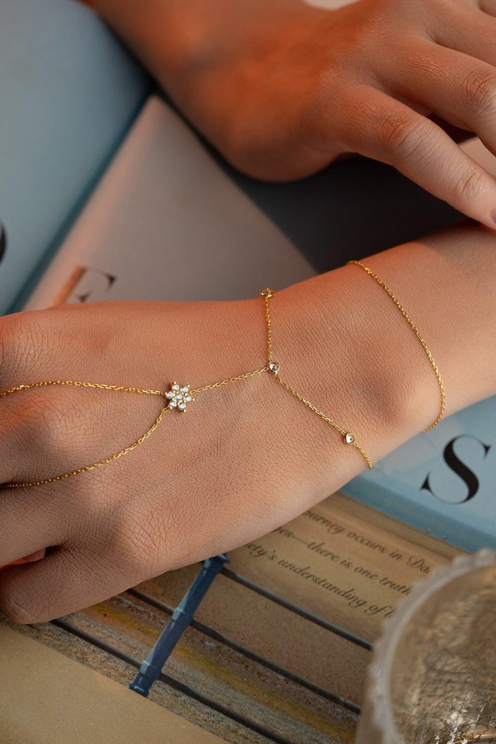 Gold Plated Flower Shahmaran Bracelet | Sterling Silver Zircon Hand Chain Gift for Her